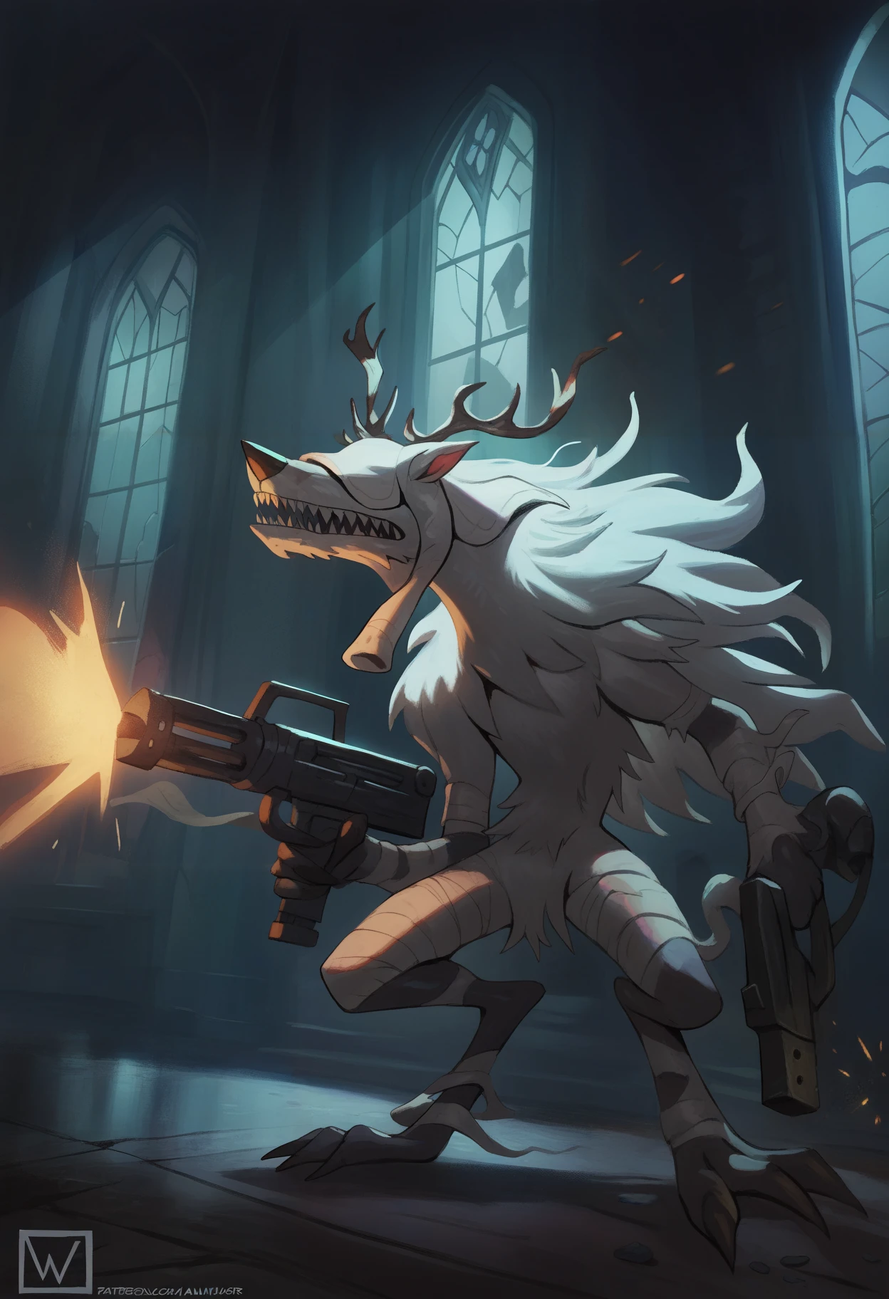 masterpiece, best quality, newest, hdr, (garrett hanna:1.3), dark, night, indoors, church, broken window, alter, solo, 1ma1v0r, amulet, antlers, white bandages, bandaged arm, bandaged leg, claws, digitigrade, monster, sharp teeth, fangs, snout, white veil over eyes, covered eyes, werewolf, white fur, white hair, long hair, no humans, 
dual wielding, holding heavy machine gun, muzzle flash, firing
<lora:Vicar Amelia:1>