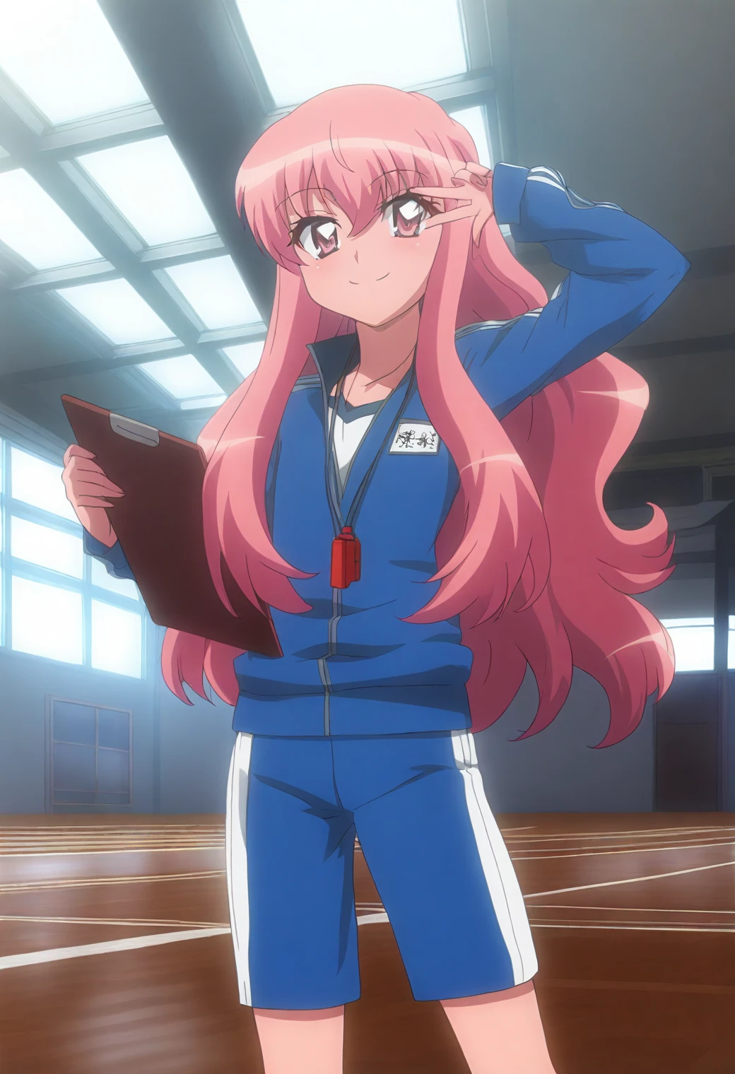 <lora:Louise Francoise - [The Familiar of Zero] - illustriousXL v1:1>, sysdeep_louise, pink hair, pink eyes, anime coloring, flat chest, 1girl, solo, indoors, gymnasium, tracksuit, whistle around neck, clipboard, sneakers, sporty, encouraging smile