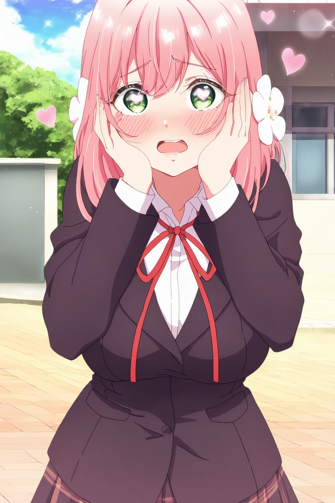 masterpiece, best quality, absurdres, highres, cinematic light, 1girl, <lora:karane_and_hakari:1> hakari_wz, pink hair, medium hair, hair ornament, hair flower, green eyes, large breasts, school uniform, black blazer, white shirt, collared shirt, long sleeves, neck ribbon, red bibbon, white socks, standing, upper body, hands on own cheeks, open mouth, heart-shaped eyes, open mouth, sparkle, blush, looking at viewer, day, outdoors, blue sky, cloud, school