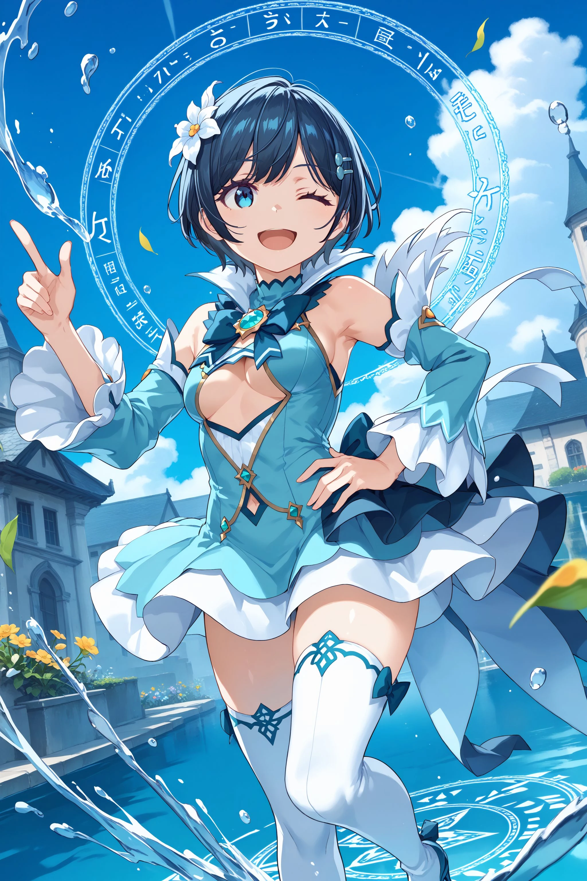 masterpiece、highest quality、1 girl、fluffy hair、light blue hair、beautiful pink eyes、short hair、camisole、loincloth、please raise your hand、smile