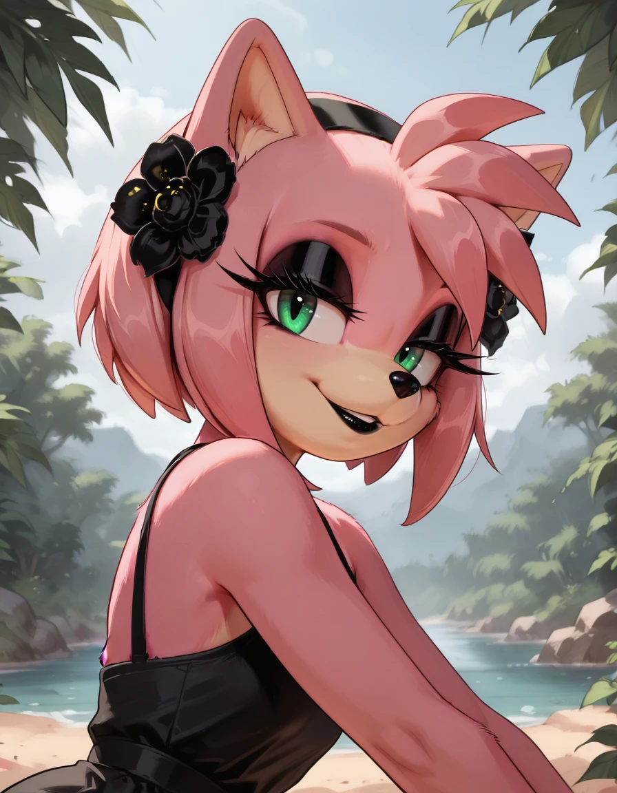 masterpiece, best quality,
outdoors,
upper body,seductive smile,parted lips,long eyelashes,
black sundress,
<lora:AmyBlackRose_v03_ILXL:1>,
AmyBlackRose,1girl,furry female,solo,short hair,pink hair,animal ears,hairband,bangs,hair ornament,hair flower,black hairband,sidelocks,green eyes,makeup,long eyelashes,black lipstick,animal nose,body fur,pink fur,