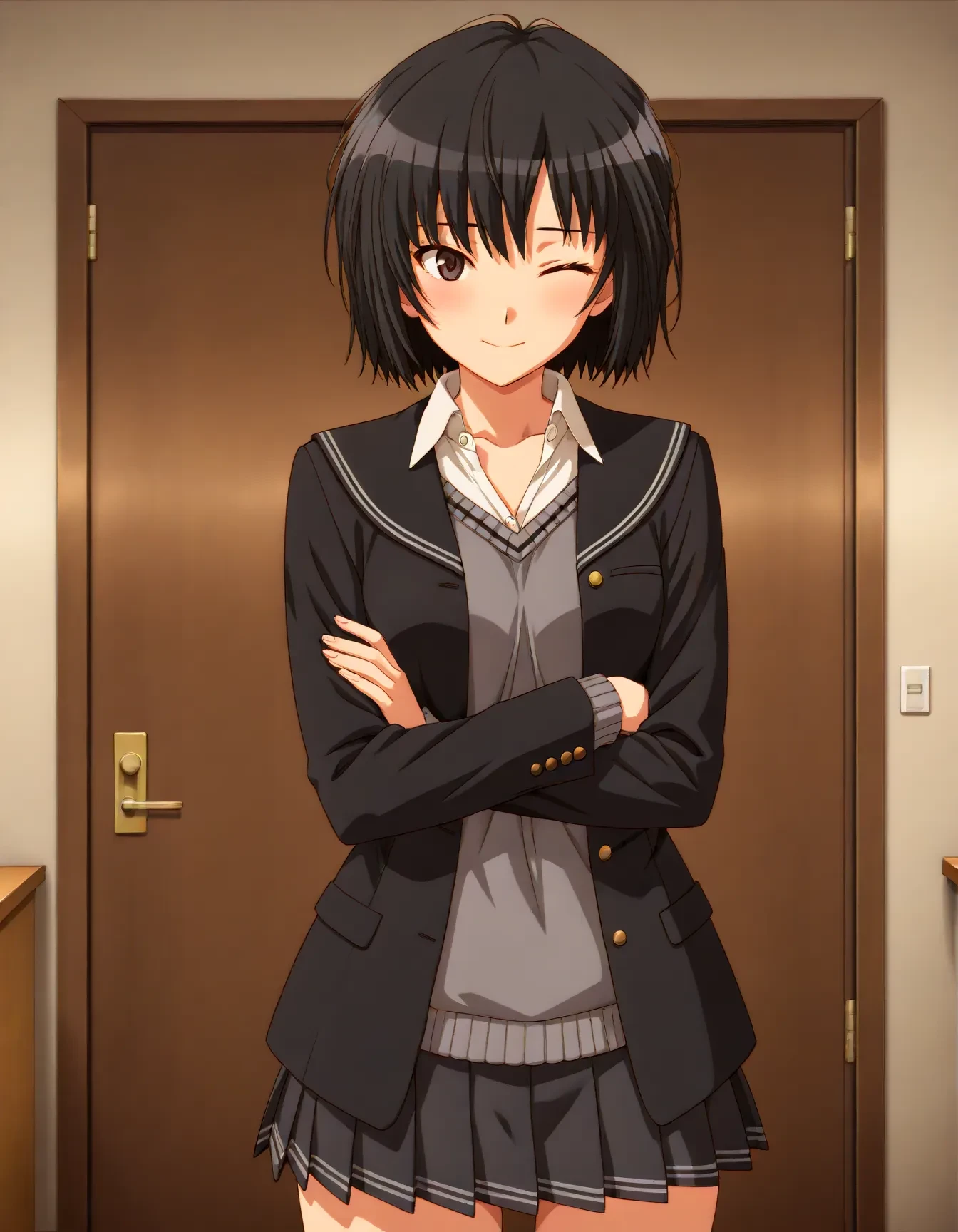 <lora:dmd2_sdxl_4step:1>,1girl,official style,masterpiece,best quality,newest,absurdres,highres,very awa,Anime,anime coloring,anime screencap,<lora:Nanasaki_Ai_V1:1>,nanasaki ai,black hair,short hair,black eyes,black blazer,black sailor collar,collared shirt,grey sweater vest,grey miniskirt,pleated skirt,smile,one eye closed,crossed_arms,
