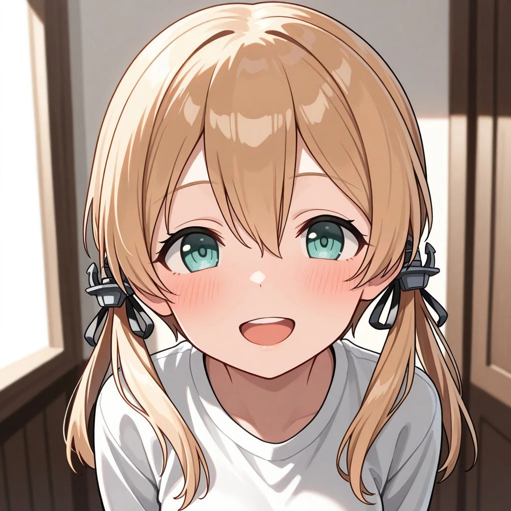 masterpiece, best quality, 32k, high resolution, absurdres, prinz eugen (kancolle), low twintails, anchor hair ornament, POV, looking at viewer, blush, smile, open mouth, upper teeth only