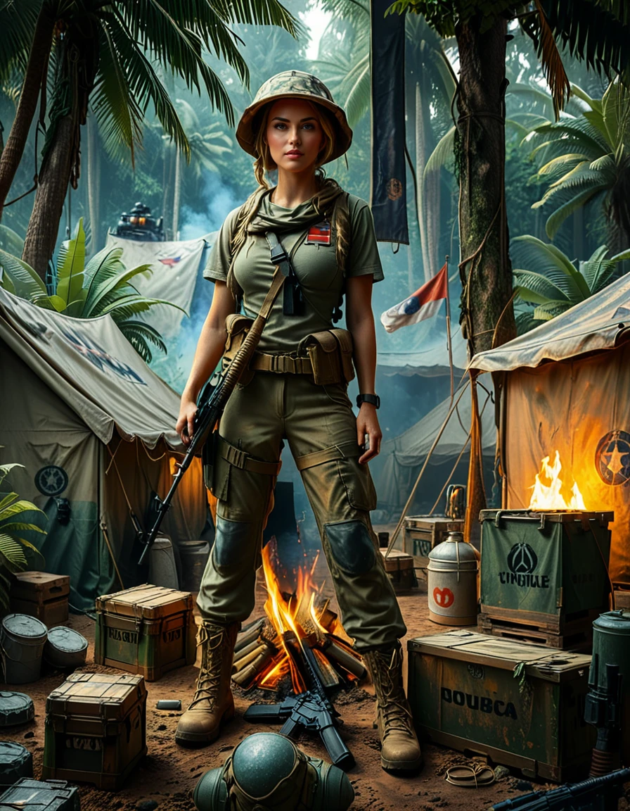 A high-resolution photograph of a battle-hardened female soldier standing tall in the middle of a rugged mercenary camp at dusk. She wears a tactical vest over a fitted combat shirt, with camouflage pants and sturdy military boots covered in dust. Her face is partially shadowed by a worn-out boonie hat, and her piercing eyes reflect determination and experience. A scar runs along her cheek, hinting at past battles.
Behind her, the mercenary camp is alive with activityâmen in tactical gear clean their weapons, a group studies a detailed map under the dim glow of a lantern, and a military jeep, covered in dirt and scratches, is parked near crates of ammunition. The atmosphere is tense, with smoke rising from a small firepit where a kettle boils. The jungle looms in the background, dense and shadowy, adding to the clandestine and dangerous feel of the scene. The image is ultra-detailed, with cinematic lighting and a gritty, high-contrast color palette that enhances the realism and intensity of the environment.
<lora:SDXLFaeTastic2400:0.4> <lora:extremely_detailed:0.4> extremely detailed, <lora:mercenary_c4mp:1>,mercenary c4mp, Masterpiece,best quality,hi res,8k,hi res,8k,award winning,(sharp focus, intricate, highly detailed),