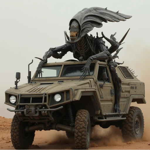 the xenomorph alien queen in on top of a futuristic military vehicle trying to attack the driver