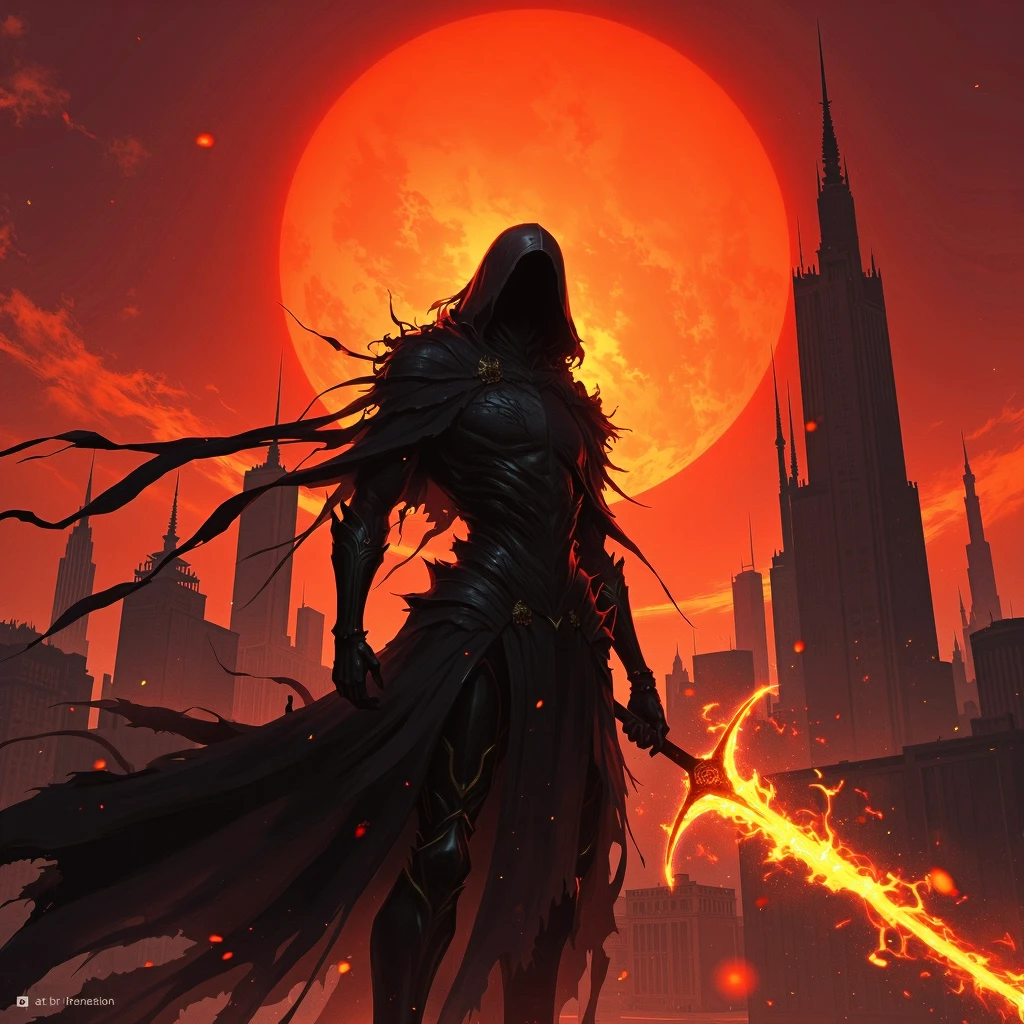 digart Surreal sci-fi digital art style, The image is a digital illustration of a person dressed in a dark and ominous outfit, holding a bright orange glowing sword on fire in their right hand. The person is standing in front of a cityscape with buildings and skyscrapers in the background. The sky is a deep red color with a fiery orange glow emanating from the center, creating a dramatic and ominous atmosphere. The sword is long and pointed, with a long handle and a sharp blade. The overall mood of the image is dark and foreboding. (artstation:1.3)