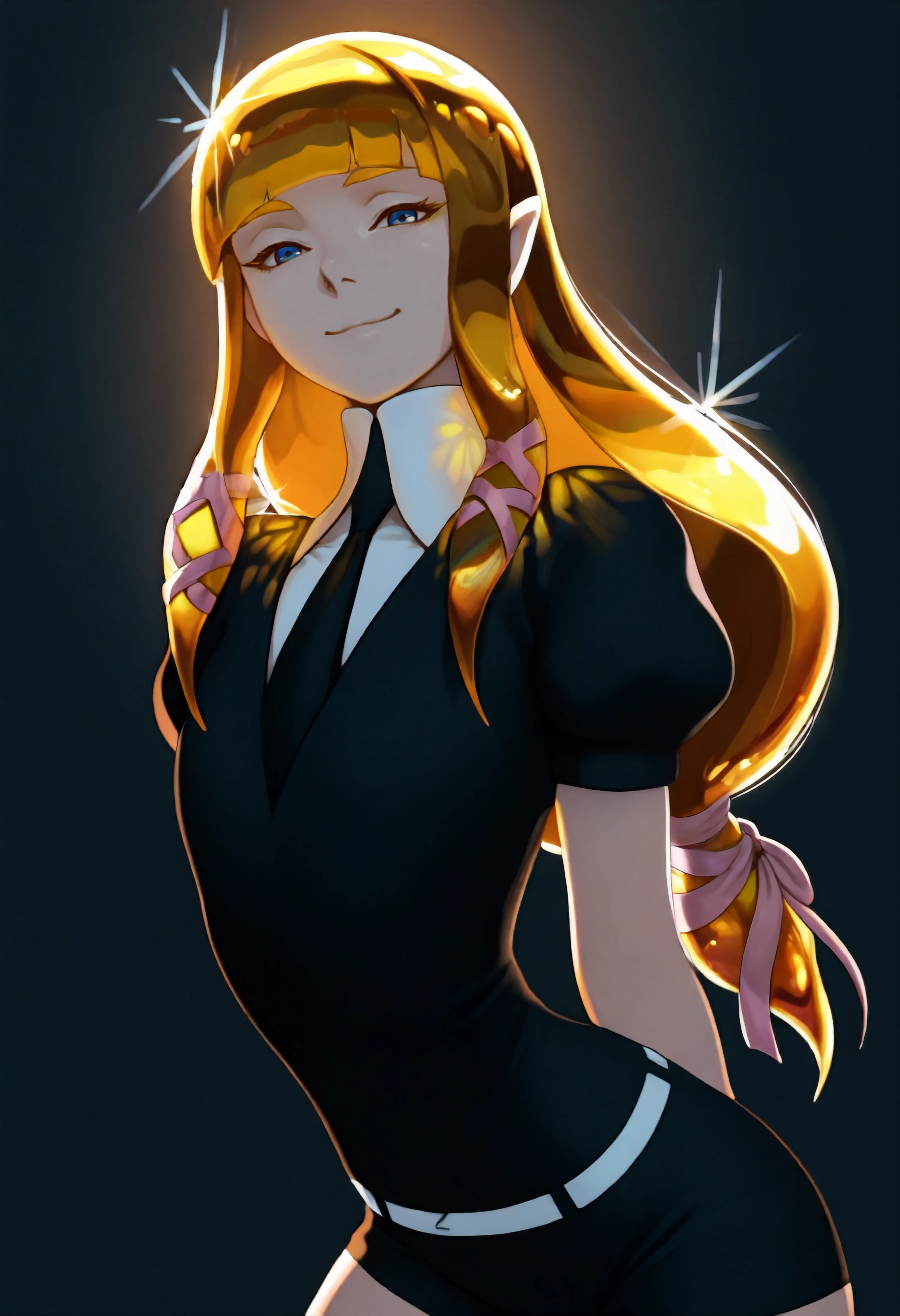 masterpiece, best quality, absurdres, dark theme,backlighting,smile,1girl,solo,,zeldssn11, blonde hair, hair tubes, hair ribbon, low-tied long hair, blunt bangs, blue eyes, pointy ears, alternate costume,gem uniform \(houseki no kuni\),looking at viewer <lora:zeldss_n11_t1-000009:0.8>