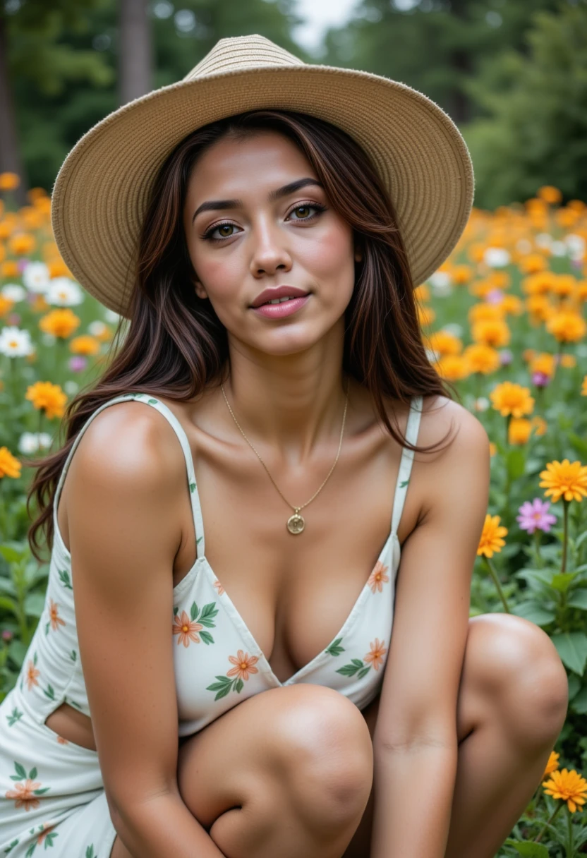 photoshoot poses, dynamic angles, multiple angles,She is looking at the camera, photoshoot poses; she has dark hair, a gold necklace. she is kneeling on the ground, in her flower garden, tending flowers, is posing for the camera with a smile on her face. necklace, white flower printed dress, beige sun hat, Style: realistic hyper-detailed rendering, 32k UHD, expressive eyes, punk, graphic design, girl's face, pretty and cute, gleaming lips, telling a tale of adventure. Exuding confidence and serenity. The overall mood of the image is happy and relaxed,detailed skin texture,(blush:0.2),(goosebumps:0.3),subsurface scattering,with a playful and whimsical tone, perfect hands, detailed hand,aidmafluxpro1.1, retro50s_style,