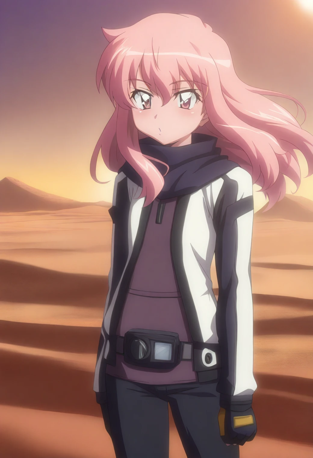 <lora:Louise Francoise - [The Familiar of Zero] - illustriousXL v1:1>, sysdeep_louise, pink hair, pink eyes, anime coloring, flat chest, 1girl, solo, desert dunes, scarf blowing in wind, adventure gear, goggles, weathered look, setting sun, camel tracks