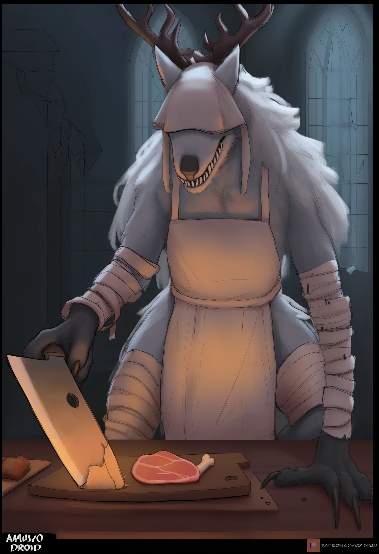 masterpiece, best quality, newest, hdr, (paranoid.droid:1.3), dark, night, indoors, church, broken window, alter, 1ma1v0r, amulet, antlers, white bandages, bandaged arm, bandaged leg, claws, digitigrade, monster, sharp teeth, fangs, snout, white veil over eyes, covered eyes, werewolf, white fur, white hair, long hair, no humans,
looking down, naked apron, holding kitchen knife, cutting, cutting board, meat, vegetable, pot
<lora:Vicar Amelia:1>