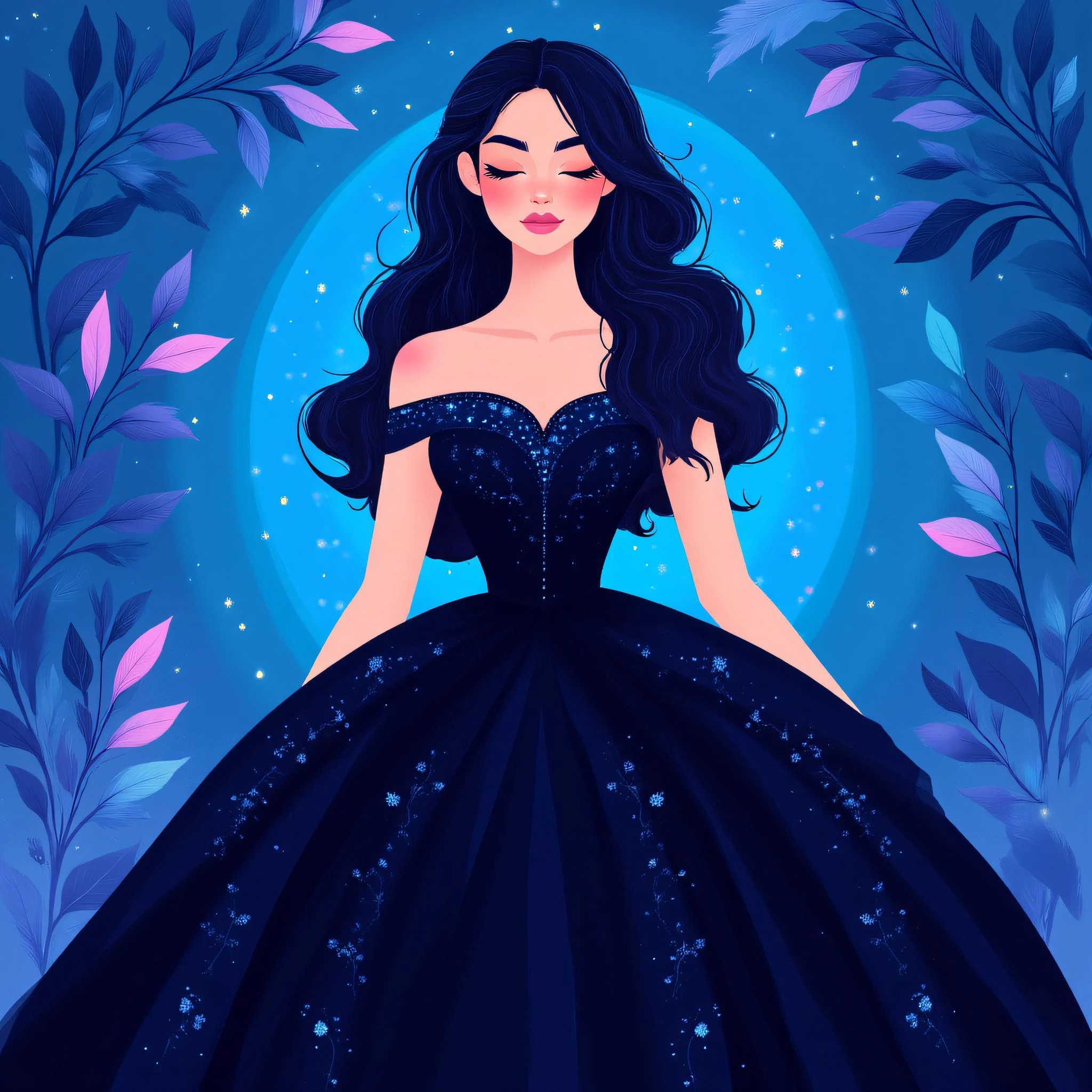 ArsMJStyle, Flat Cartoon Illustration, The image shows a woman in a black dress standing in front of a blue background surrounded by leaves. She appears to be a princess with a regal and majestic look as if she is a princess., 1girl, long hair, black hair, closed eyes, solo, dress, breasts, cleavage, black dress, bare shoulders