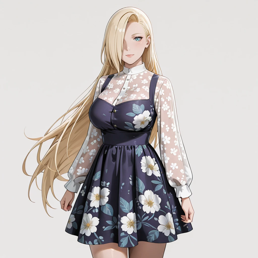 <lora:Ino_illustrious_v1:1> InoLongHairShipuuden, 1girl, blonde hair, hair over one eye, large breasts, blue eyes, cowboy shot, <lora:FloralJskDressILL:0.7> dress,floral print,long sleeves