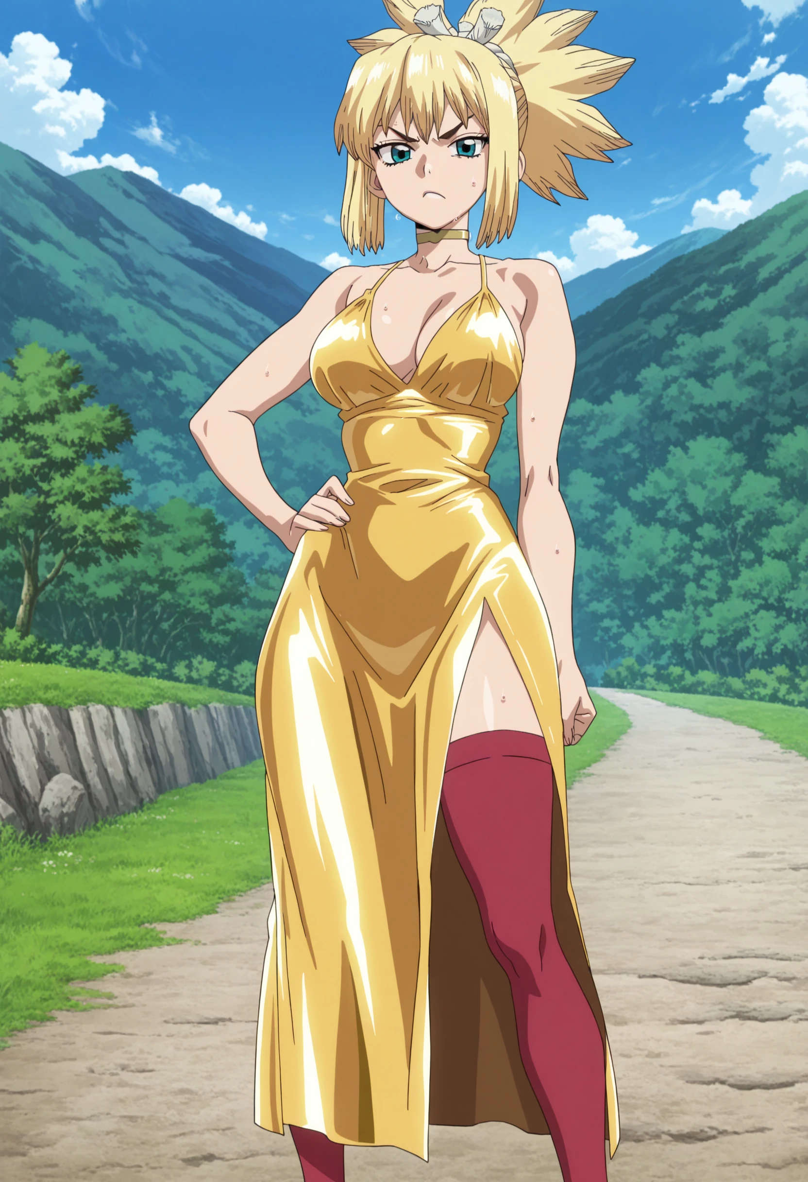 source anime,anime screencap,anime coloring,intricate details,fake screenshot,masterpiece, best quality, very aesthetic, dramatic lighting, illustration,
uncensored,
BREAK,
mature female,
kohaku, kohaku \(dr. stone\), 1girl, blonde hair, aqua eyes, choker, quad tails, ponytail,hair ornament,
golden dress,high heels,yellow dress,red legwear, side slit,golden choker,
perfect face, beautiful eyes, beautiful face,perfect anatomy,
sweat, toned,
standing, upper body, portrait, angry,looking at viewer,
BREAK,
scenery, Detailed Background,outdoors, blue sky,
<lora:Kohaku_by_Nyx_for_Illu:0.8>,