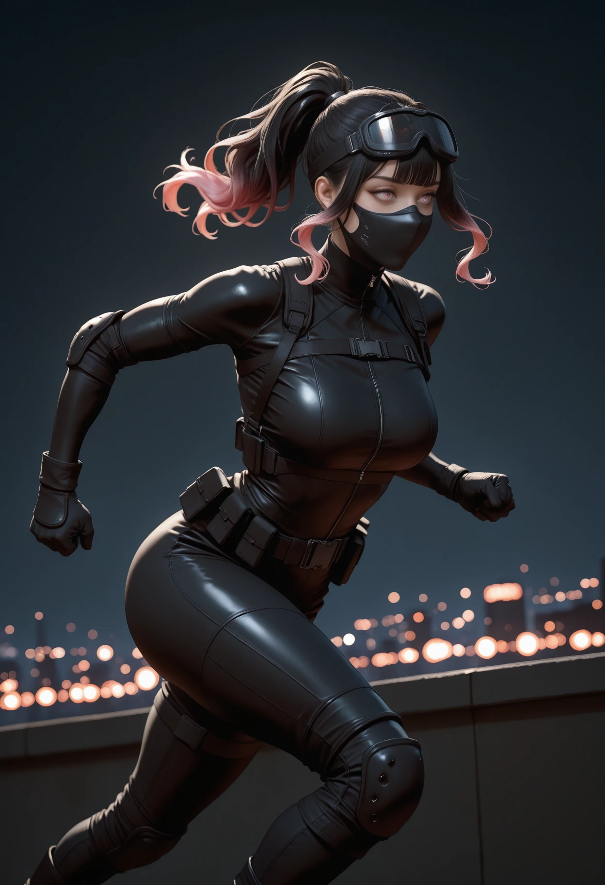 ((masterpiece, best quality, newest, absurdres, highres)),
1girl, solo, ponytail,
catsuit:black bodysuit:full-length zipper:long sleeves, black chest harness, black elbow pads, black gloves, black utility belt, black knee pads, black boots, ninja mask, goggles on head,
night, dim lighting, dark, rooftop, skyline,
parkour, running, clenched hands,
depth of field, realistic,
<lora:Dark_Kylie_Illust:0.7> d4rkkyl13, black hair:gradient hair:pink hair, pink eyes,