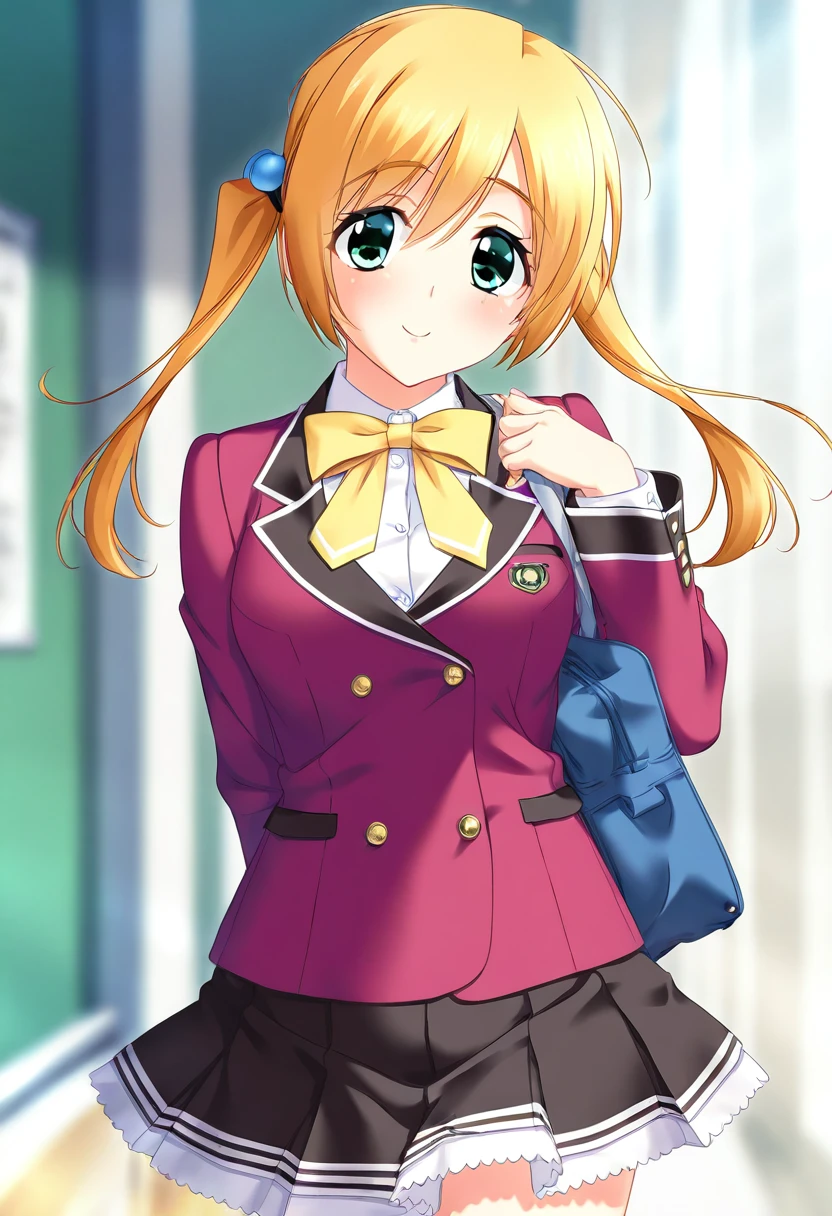 <lora:kohinataIL:0.8>k0hinata,solo,twintails,green eyes,blonde hair,hair bobbles,school uniform,red blazer,black skirt,bow,blush, smile very awa, masterpiece, best quality, amazing quality, very aesthetic, absurdres, sensitive, newest <lora:spo_sdxl_10ep_4k-data_lora_webui:0.7>,
