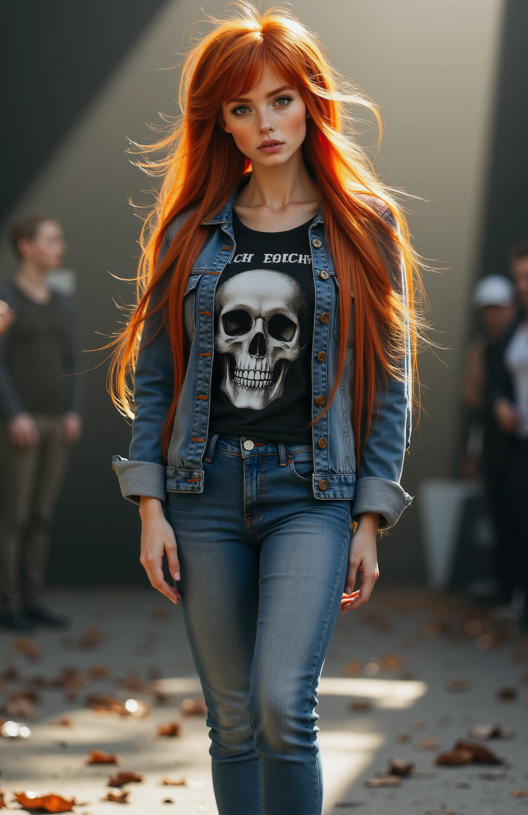 very detailed, beautiful charevie, standing on a stage, playing guitar, wearing jeans jacket a black rockband "Arch Enemy" and a skull on the t-shirt, blue jeans, sneakers. Spotlight at her