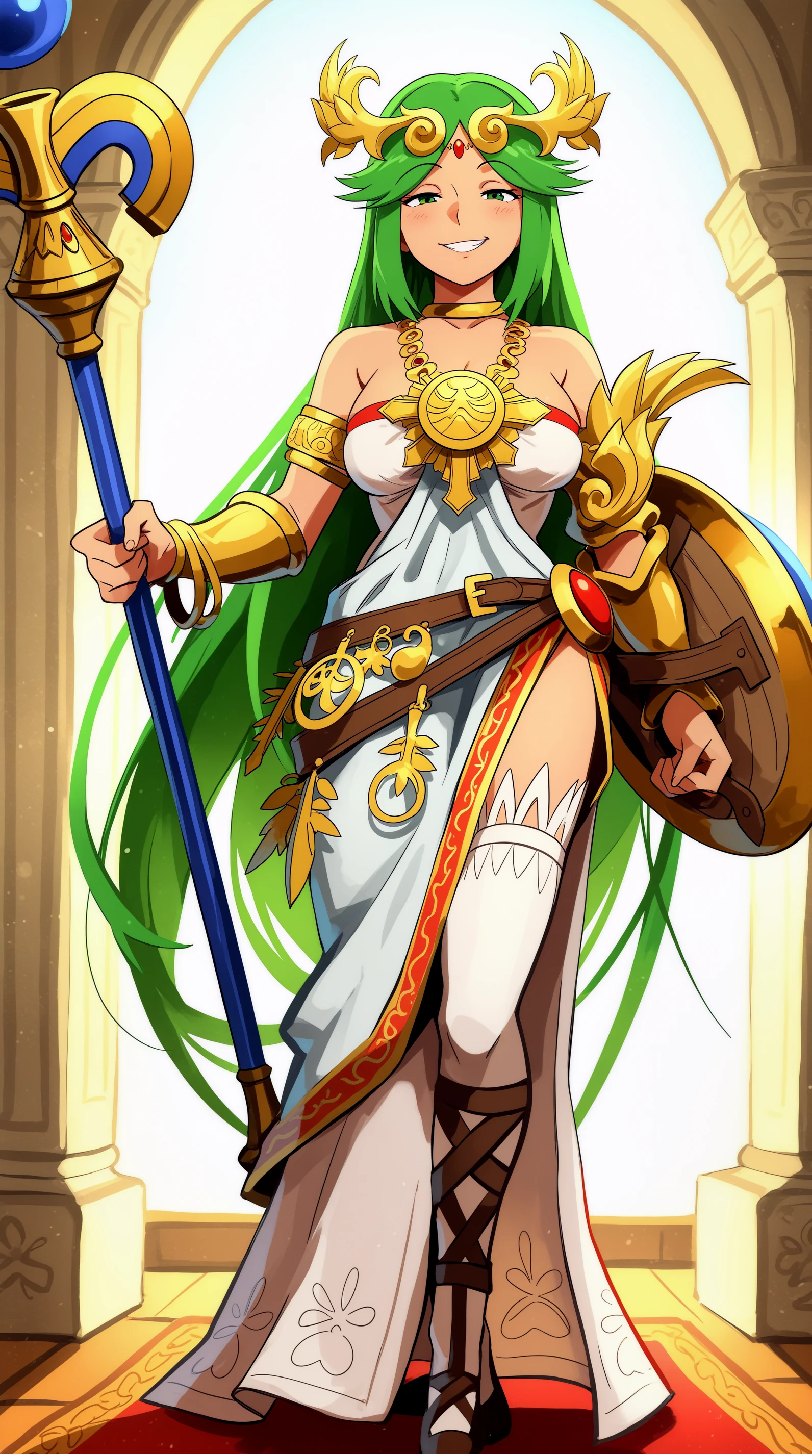(masterpiece, best quality:1.3), Rizdraws, Thin Lineart, male, solo, looking at viewer, flat chest, feminine male, green hair, full body, :o, necklace, bare shoulders, strapless dress, vambraces, belt, white dress, white thighhighs, single thighhigh, holding staff, palutena, parted bangs, tiara, wide butt, from behind, shy look, large white Bloomers under dress, very large ass