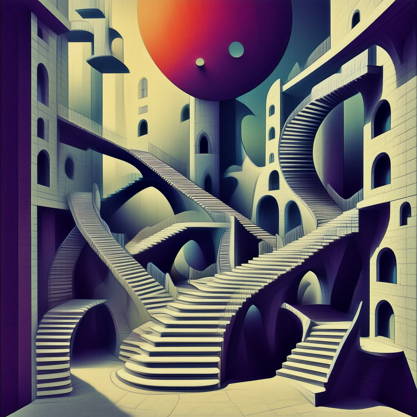 Surreal abstract poster art. (in the style of Escher).
Staircases rising up walls then in geometrically impossible directions, clinging to ceilings, turning upside down.
rtropopCE_style