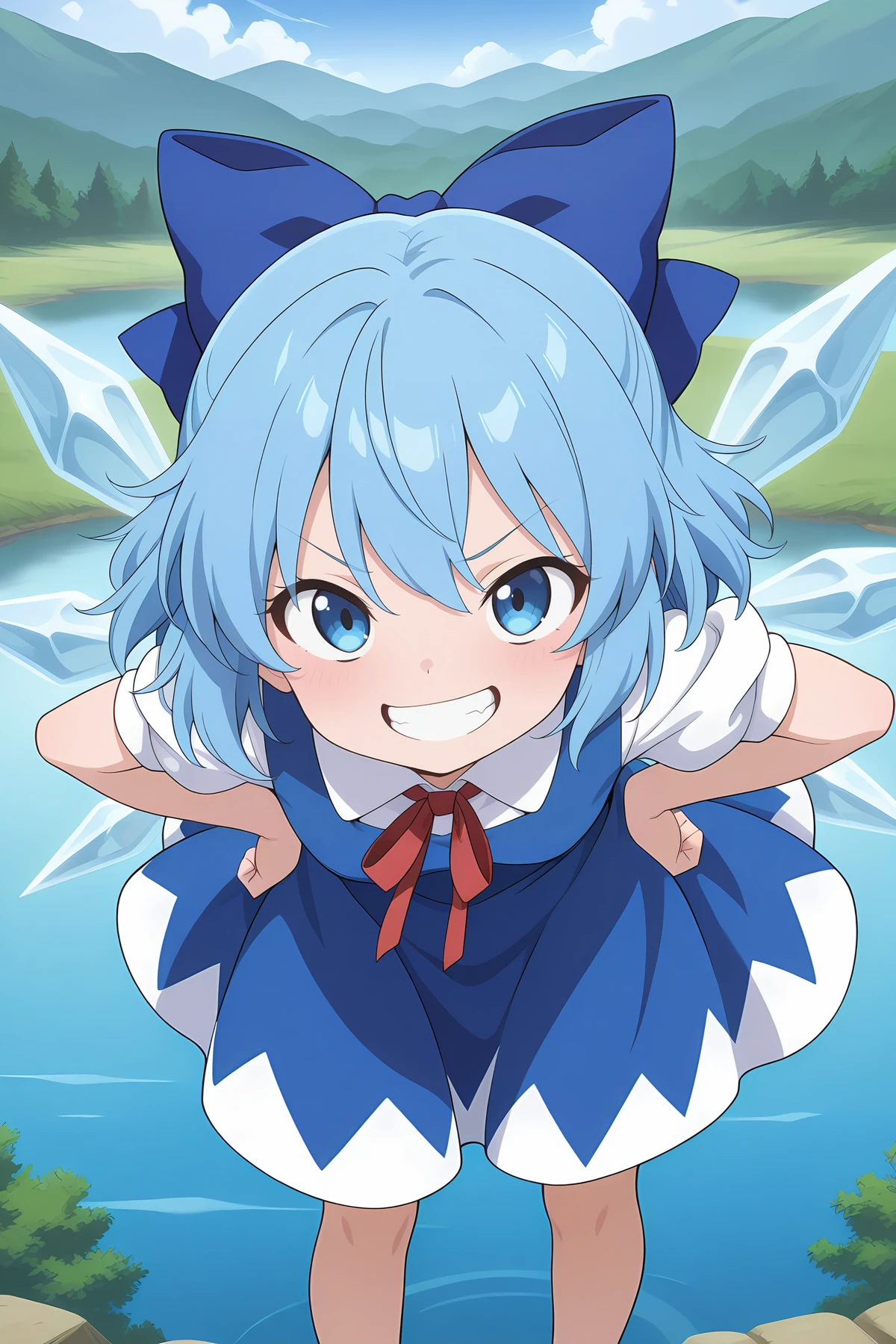absurdres, highres, masterpiece, best quality, amazing quality, official anime artwork, screencap, anime screencap, outdoors, looking at viewer, grin, midair, dynamic pose, flying, lake, frozen lake, hands on hips, open mouth, closed eyes, looking up, laugh,
<lora:Cirno_Illustrious:1> cirno, 1girl, solo, blue eyes, blue hair, short hair, ice wings, ice,, bow, hair bow, dress, blue dress, short sleeves, blue bow, puffy sleeves, red ribbon,