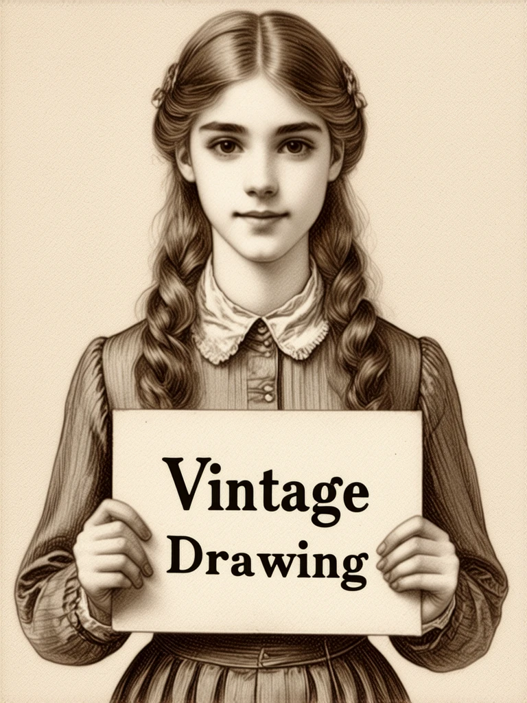 A young woman holding a sign. (text: "Vintage Drawing").
vntgdrwngCE_style