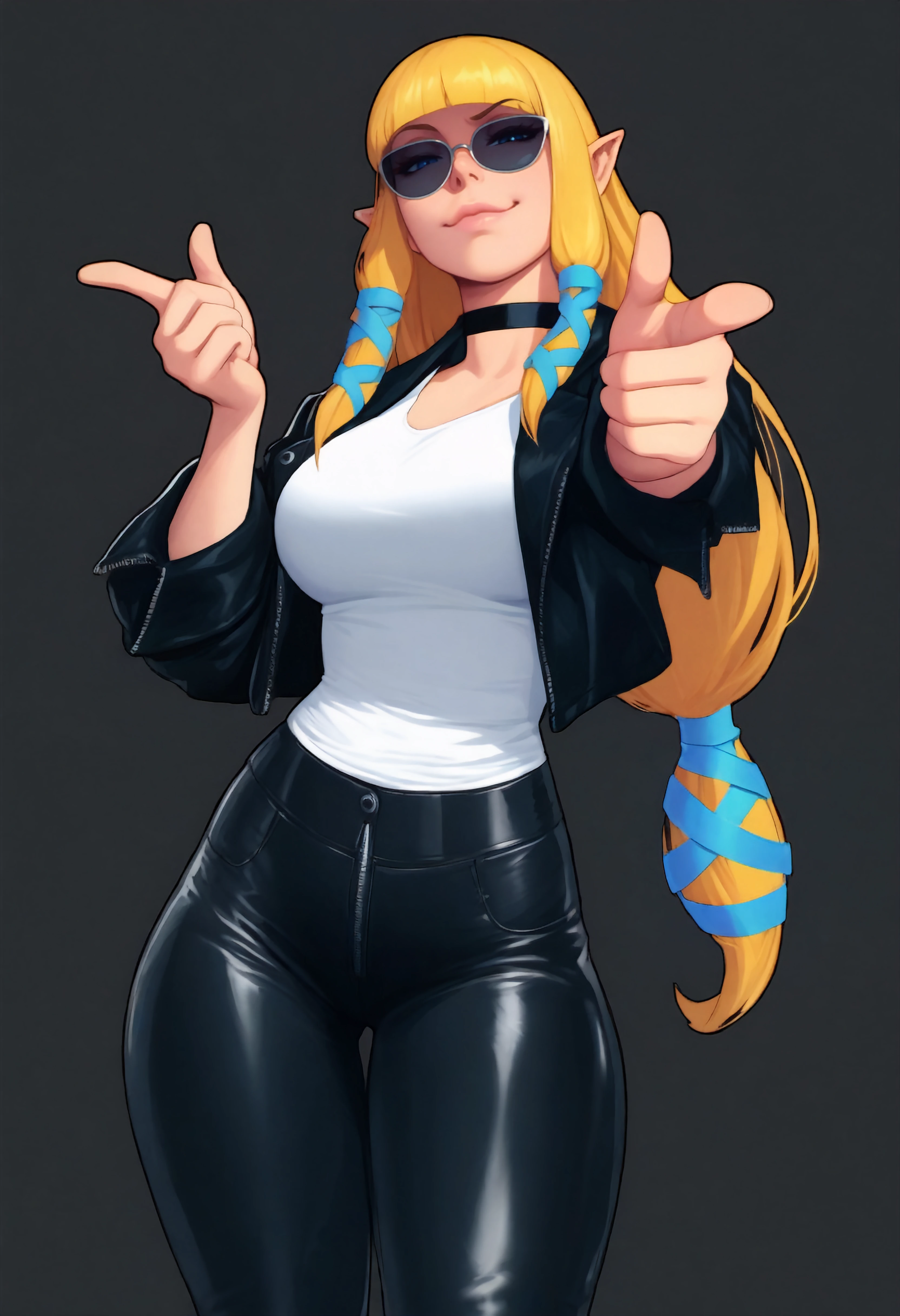 masterpiece, best quality, absurdres, simple background,foreshortening,1girl,solo,zeldssn11, blonde hair, hair tubes, hair ribbon, low-tied long hair, blunt bangs, blue eyes, pointy ears,alternate costume,black jacket,white shirt,lips, smug, sunglasses, black pants, leather pants, black choker,finger guns,aiming at viewer <lora:zeldss_n11:0.8>