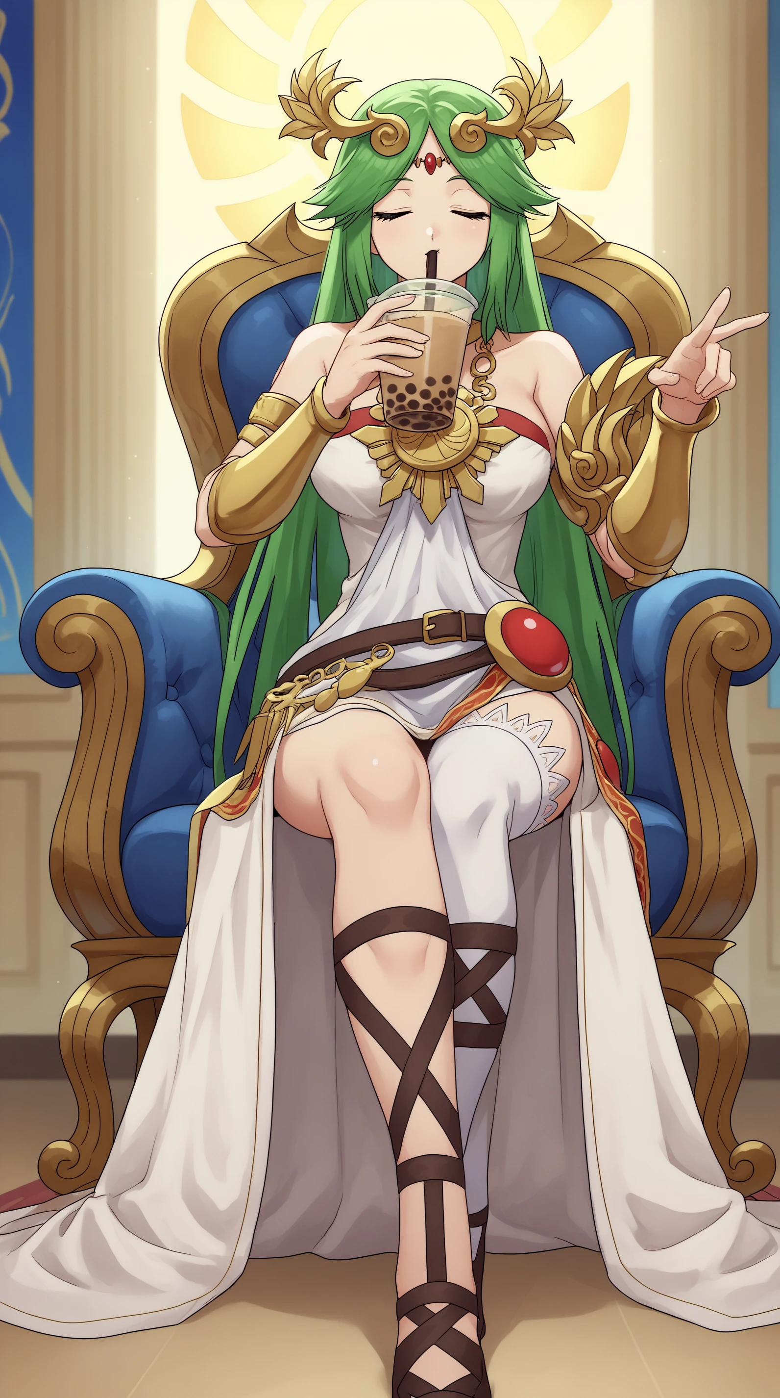 A 23 years old barefoot topless beautiful cyborg princess, with prosthetic arms and body enhancements, wearing a green skirt and a tiara, sitting on a throne in a futuristic room, facial freckles, calm smile.
