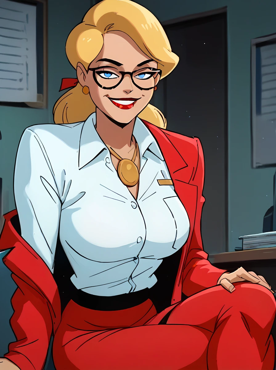 <lora:Harley_Quinn_-_Batman_Animated_Pony_v2:1.0>, h4rl3yqu1nn, <lora:dcau-330:0.1>, <lora:PONYXL_LewisArt_ownwaifu:0.7>, 1girl, red jacket, white shirt, gold medallion, gold earrings, glasses, blue eyes, red lips, blonde hair, long hair, red skirt, large breasts, looking at viewer, smile, sitting on desk, crossed legs, sexy, seductive, office background, score_9, score_8_up, score_7_up, score_6_up, score_5_up, score_4_up,