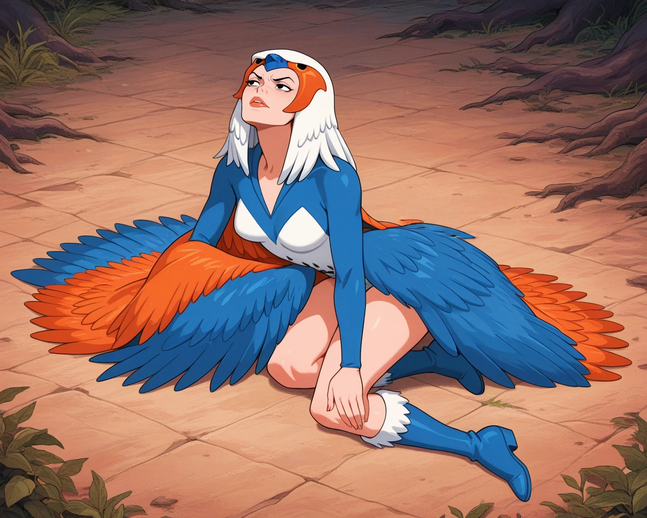 masterpiece,best quality,amazing quality, absurdres, 1girl, solo, <lora:motu_sorc_il:1> motu_sorc, sorc, avian headdress, white eyes, blue white leotard, orange feather cape, western animation /style/, indoors, castle, magic glow, mind control, upper body, empty eyes, open mouth, teeth, close up, face