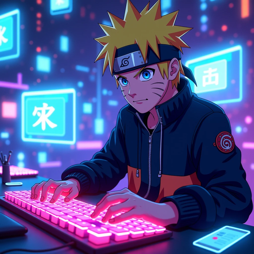 narutowiro, A hacker with blue eye and blonde hair, typing on a glowing keyboard, surrounded by floating holographic screens in a neon-lit room.