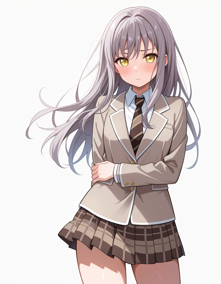 Volumetric Lighting, (masterpiece), (best quality), (ultra-detailed), masterpiece, source_anime, score_9, score_8_up, score_7_up BREAK, illustration, disheveled hair, detailed eyes, perfect composition, moist skin, intricate details BREAK, light depth, BREAK, minato yukina, long hair, grey hair, yellow eyes BREAK, yukinascl, diagonal-striped necktie, scl blazer, scl skirt, plaid skirt, scl necktie, scl shirt,gray blazer, gray skirt,BREAK, ((white background)), looking at viewer, emotienless,thighs