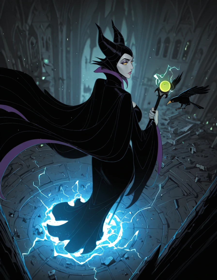 masterpiece, best quality, 1girl, solo, absurdres,
Maleficentdg,
colored skin, yellow sclera,
horned headwear, wide sleeves, high collar, black cape,
large breasts,
from above , Leaning with one elbow on an invisible ledge,
looking back ,
castle, interior,
crow on shoulder,
blurry background,
lips, eyelashes, eyeliner,
holding staff, battle, fighting stance, electricity, lips,
neon lights, glowing, dim_lighting,
blurry background,
destruction, fantasy,
embedding:SmoothQuality,