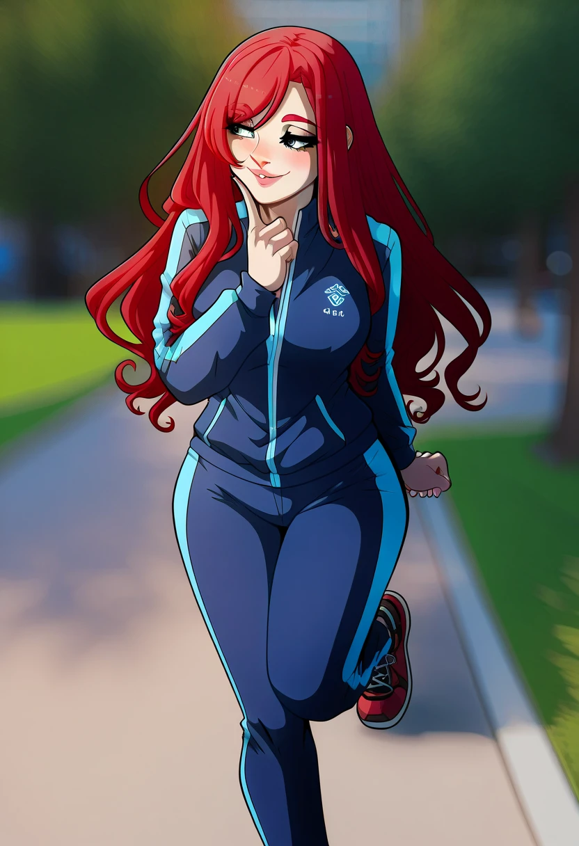 Madikat, masterpiece \(quality\), best quality, artist:kinkymation, extremely beautiful woman, redhead, jogging in city park, track suit, high detail, high definition, seductive, inviting, score_9, score_8_up, score_7_up