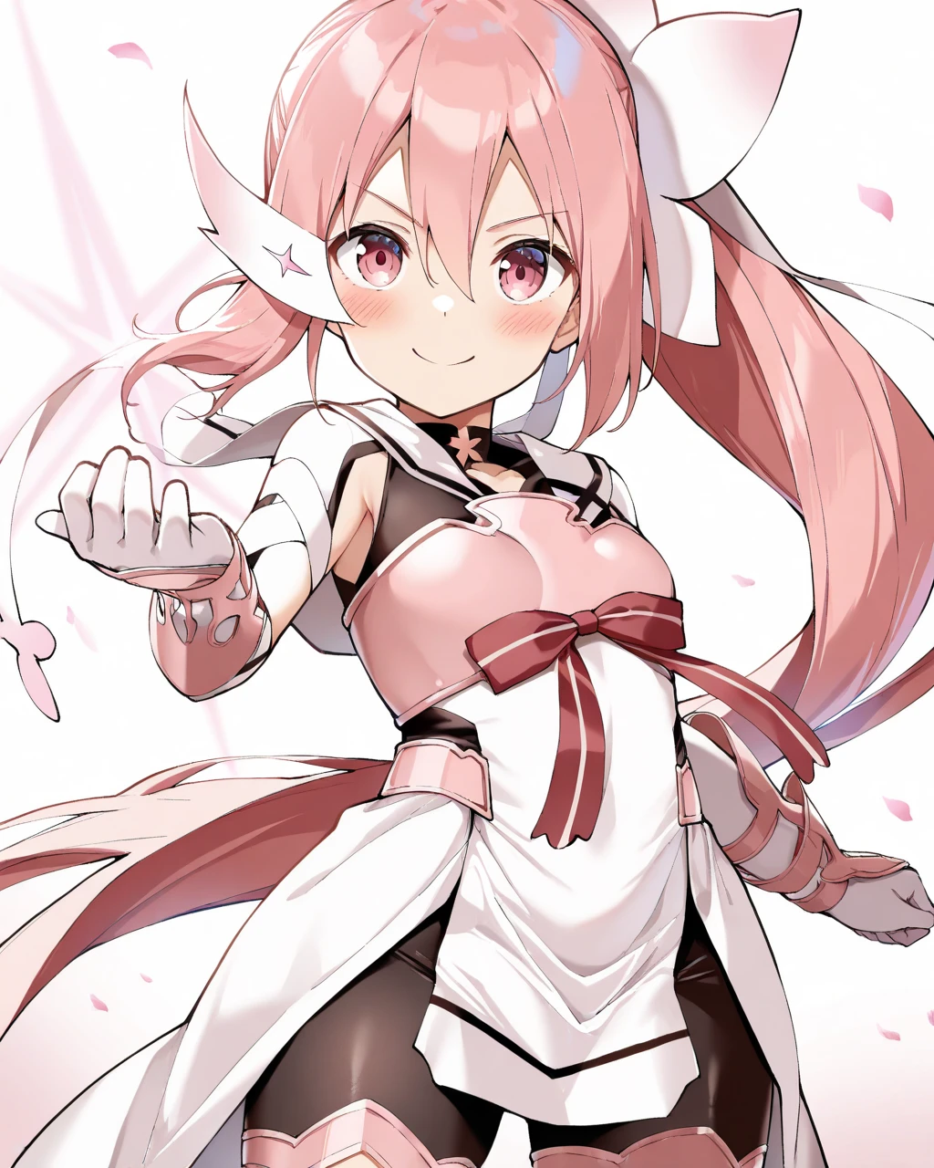 (masterpiece, best quality:2),Closed mouth, smile, Front view,
<lora:Yuuki Yuna_Illustrious:0.8>,Yuuki hero form,1girl, solo, blush, hair ornament , ribbon, hair between eyes,very long hair, ponytail, pink hair,pink eyes,side ponytail,magical girl,bike shorts,white dress,boots,