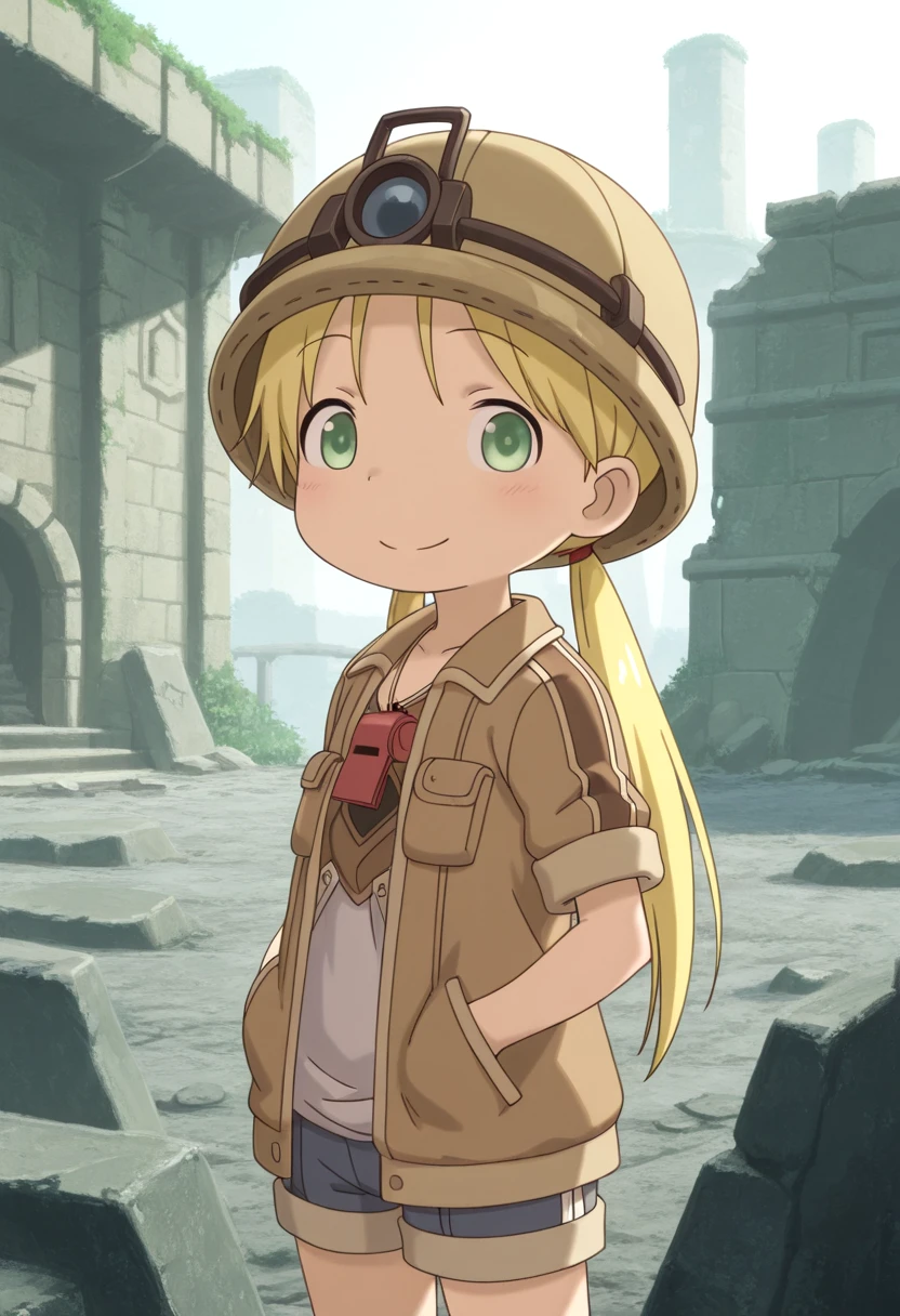 1 girl, riko, standing, twintails, green eyes, red whistle pendant, brown jacket, blonde hair, helmet, stone village ruins, mossy stones, cowboy shot, blush, happy face expression, hands in pocket, shorts, looking at viewer, <lora:tbr/made-in-abyss-riko-IL-xl-v10:1.0>