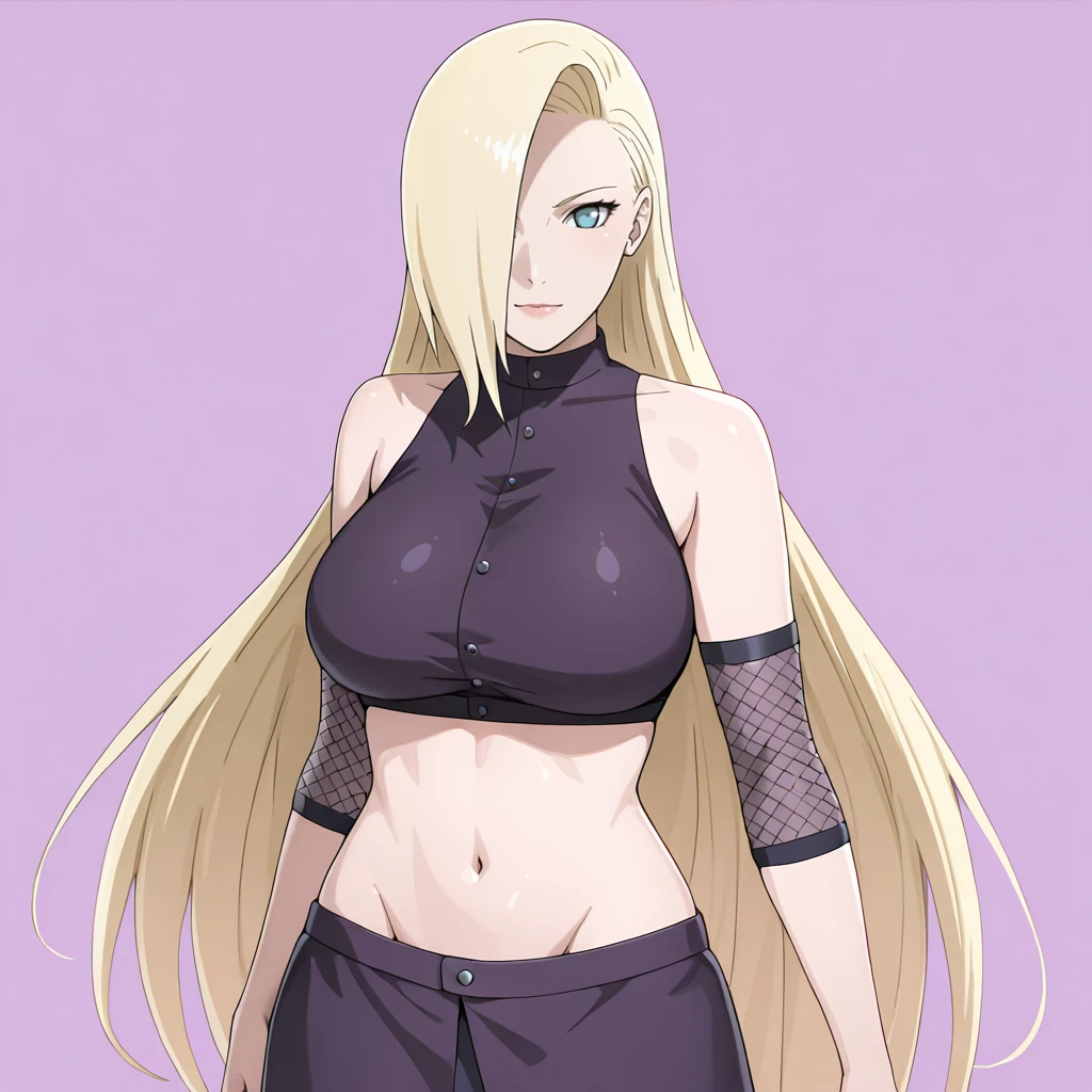 <lora:Ino_illustrious_v1:1> InoLongHairShipuuden, 1girl, midriff, blonde hair, hair over one eye, large breasts, fishnets, blue eyes, crop top, bare shoulders, navel, skirt, groin,