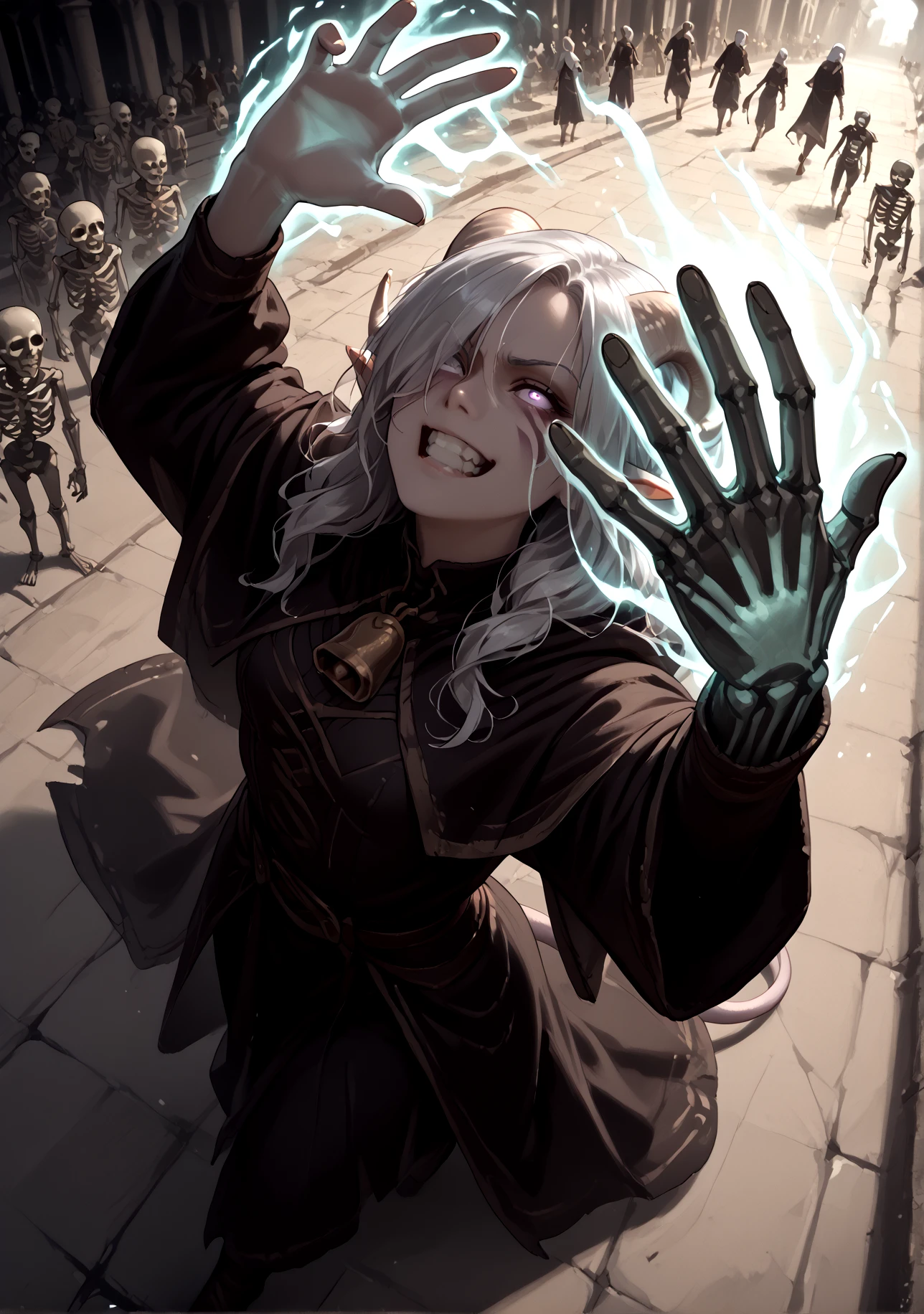 <lora:Animate_Dead-_magic_-PDXL:1> score_8_up, rating_exeplicit, animate dead,multicolored background, hands up:1.5, hands over head, palms, aura on head:1.4, female tiefling,skeletons from grond, glowing skulls, outstretched hands, evil grin:1.3, crowd, ruins, casting spell, from above, palms, dynamic pose, looking up, close up, spread arms, undeads, skeleton, walking, glowing hand, aura, tail, anime, cowboy shot, pointy ears, tiefling, silver hair, ivory sheep horn, anime:1.3, angry:1.2, open mouth, rolling eyes,
<lora:whisker_markings:0.8>red whisker_markings:1.7, silver long wavy hair, bell necklace, short pointy ears, purple eyes, tiefling_bard_diana:1.2, hair over one eye, braid, <lora:Tiefling_bard_Diana_ILXL:1> full body, cloak,clenched teeth,
(big tail, cow tail):1.4, glowing skulls,