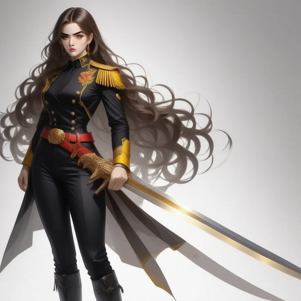 A highly detailed 2D anime character of a female warrior with long brown hair, styled in a sleek yet flowing manner, in formal yet combat-ready attire. She is wearing a sleek black military-inspired outfit with yellow trims and intricate embroidery on the shoulders, exuding authority and elegance. She holds a massive, fantastic anime sword with a gun-handle shape, its polished blade gleaming under ambient lighting. Her brown, slightly messy long hair frames a determined and focused expression, conveying a sense of confidence and strength. The outfit includes tailored pants tucked into sturdy black boots, a red silver belt with subtle futuristic elements, and red cuffs adding a regal touch. The background is white, with dramatic lighting highlighting the character's heroic stance and the fine details of her outfit.
