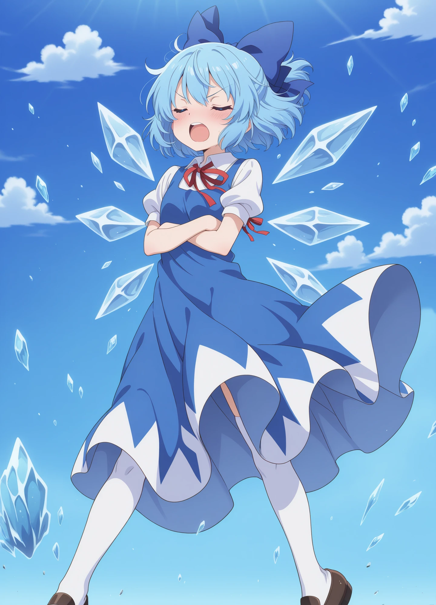 absurdres, highres, masterpiece, best quality, amazing quality, official anime artwork, screencap, anime screencap, outdoors, looking at viewer, open mouth, blush, confident, closed eyes, blush, wind, ice, danmaku, dynamic pose,
<lora:Cirno_Illustrious:1> cirno, 1girl, solo, blue eyes, blue hair, short hair, ice wings, ice,, bow, hair bow, dress, blue dress, short sleeves, blue bow, puffy sleeves, red ribbon,