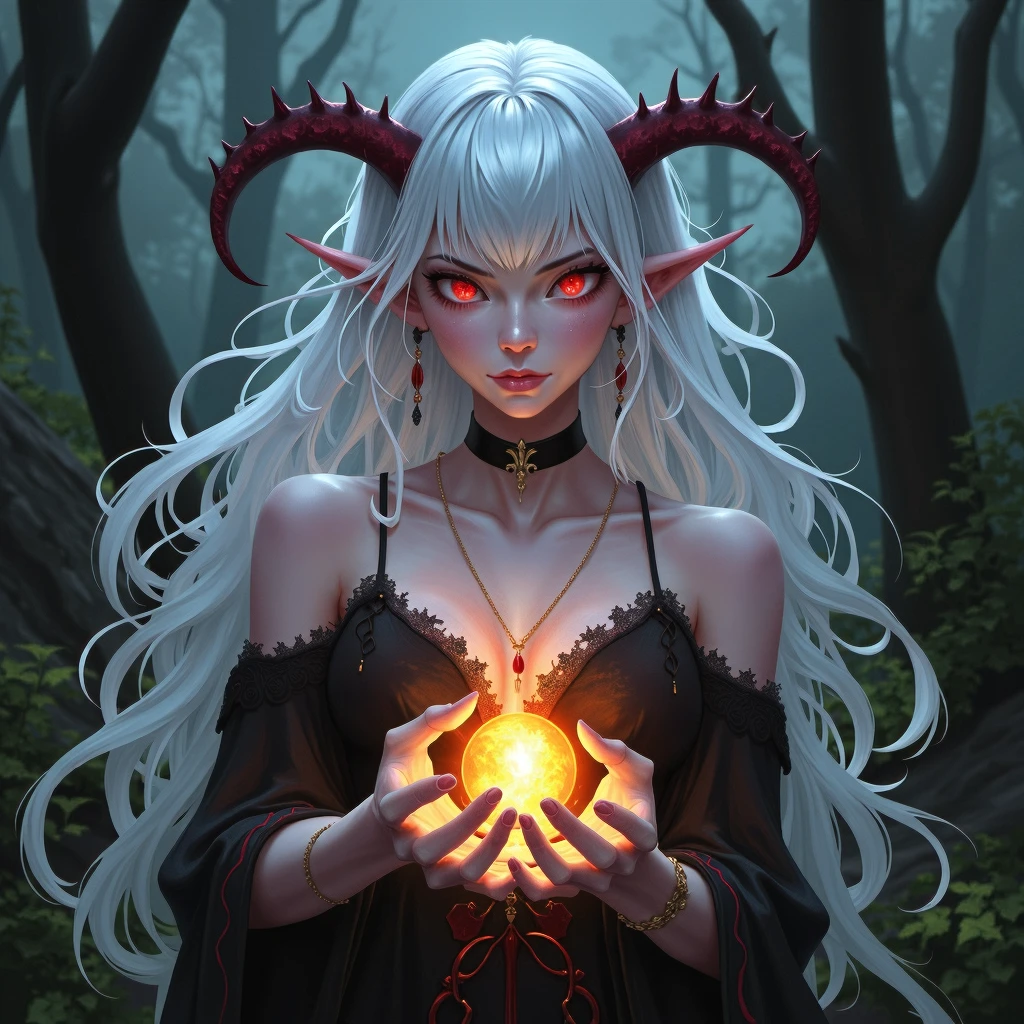 digart Surreal sci-fi digital art style, detailed, A digital illustration shoot from a portrait camera angle about a fantasy character with red eyes and horns holding a glowing orb of fire in a dark forest setting. the image also shows a dark fantasy theme. on the middle of the image, a young woman with pale skin and long, wavy white hair appears to be in her early twenties, wearing a black off-shoulder dress with red accents. she has pointed ears, red eyes, and is looking directly at the viewer with a serious expression. her hair is styled in a long, flowing manner, and she has two small, red horns on her head. she is holding a small, glowing orb in her hands, which is glowing with a bright orange light. her hands are adorned with bracelets and earrings, adding to the dark and mysterious atmosphere of the scene, (no logo, no text, no watermark), (artstation:1.3)