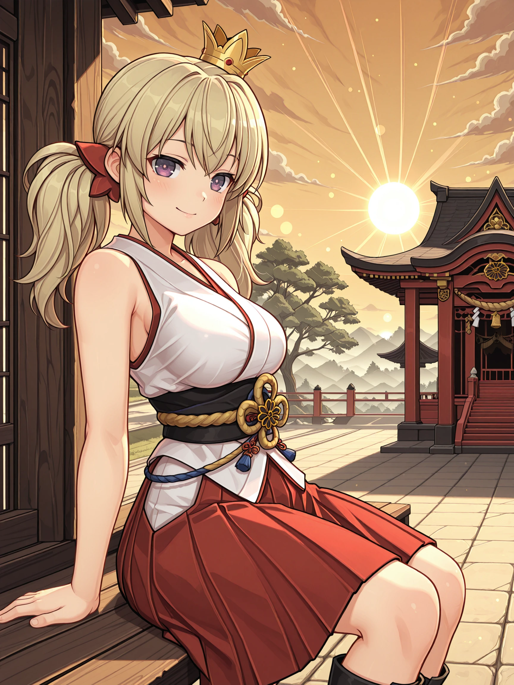 masterpiece, best quality, amazing quality, anime screenshot, high contrast, frostbite
(solo:1.4), Kafuru_IL, purple eyes, blonde hair, twintails, mini crown, Kafuru_Shrine, red bows, shrine clothes, japanese clothes, miko clothes, white kimono up, bare shoulders, sleeveless, obi, sash, hakama skirt, red skirt, (red:1.2) shrine boots
sitting on a bench, seductive, evening, setting sun, bokeh
<lora:SK_Kafuru_IL:1>
<lora:frostbitev2_Illu_dwnsty:0.7>