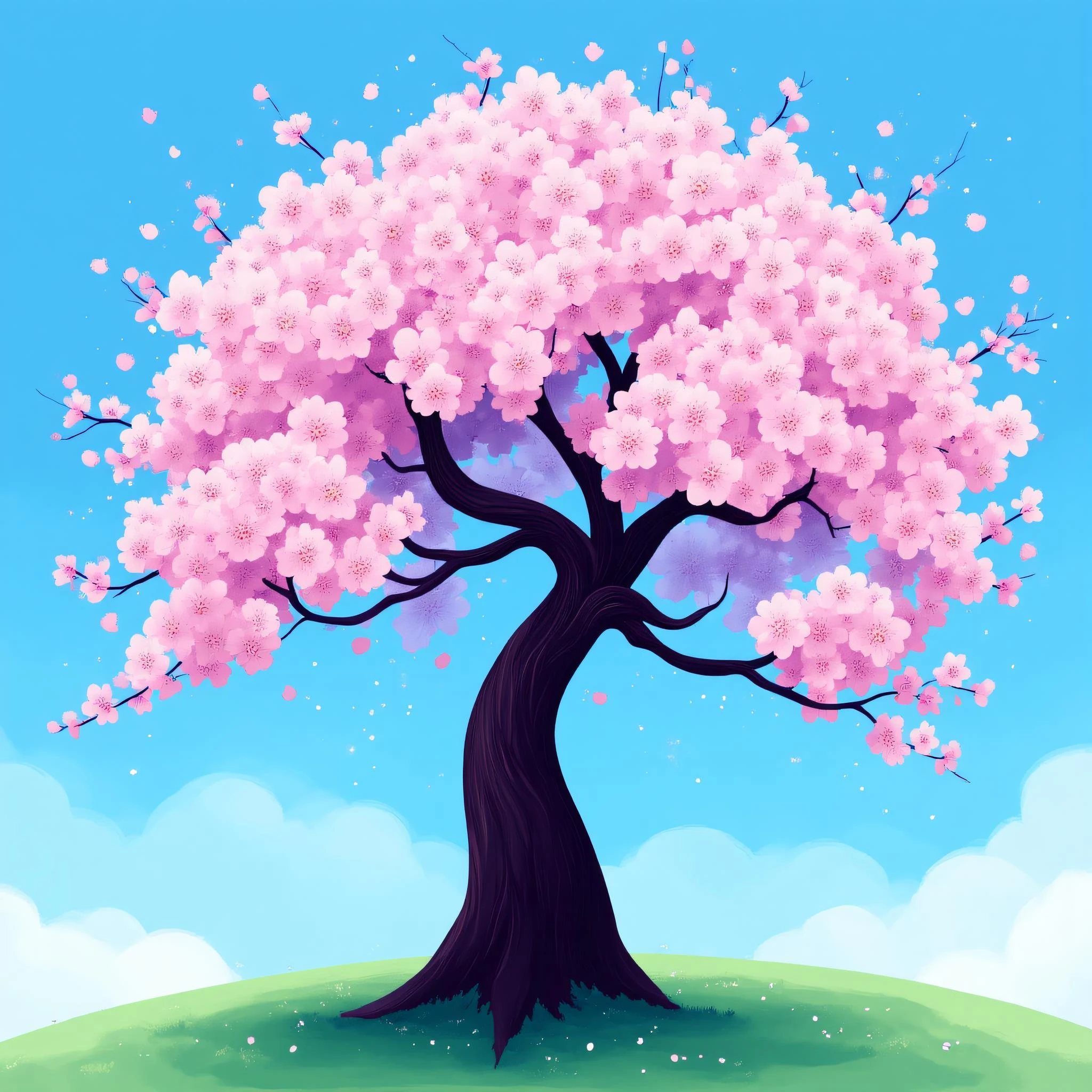 ArsMJStyle, Flat Cartoon Illustration, The image shows a tree with pink flowers in the middle of a blue sky surrounded by a vibrant spring landscape. The tree is animated with its branches and leaves swaying in the breeze and the flowers are in full bloom creating a beautiful and peaceful atmosphere., no humans, flower, tree, sky, cherry blossoms, pink flower, petals, blue background, blue sky, branch