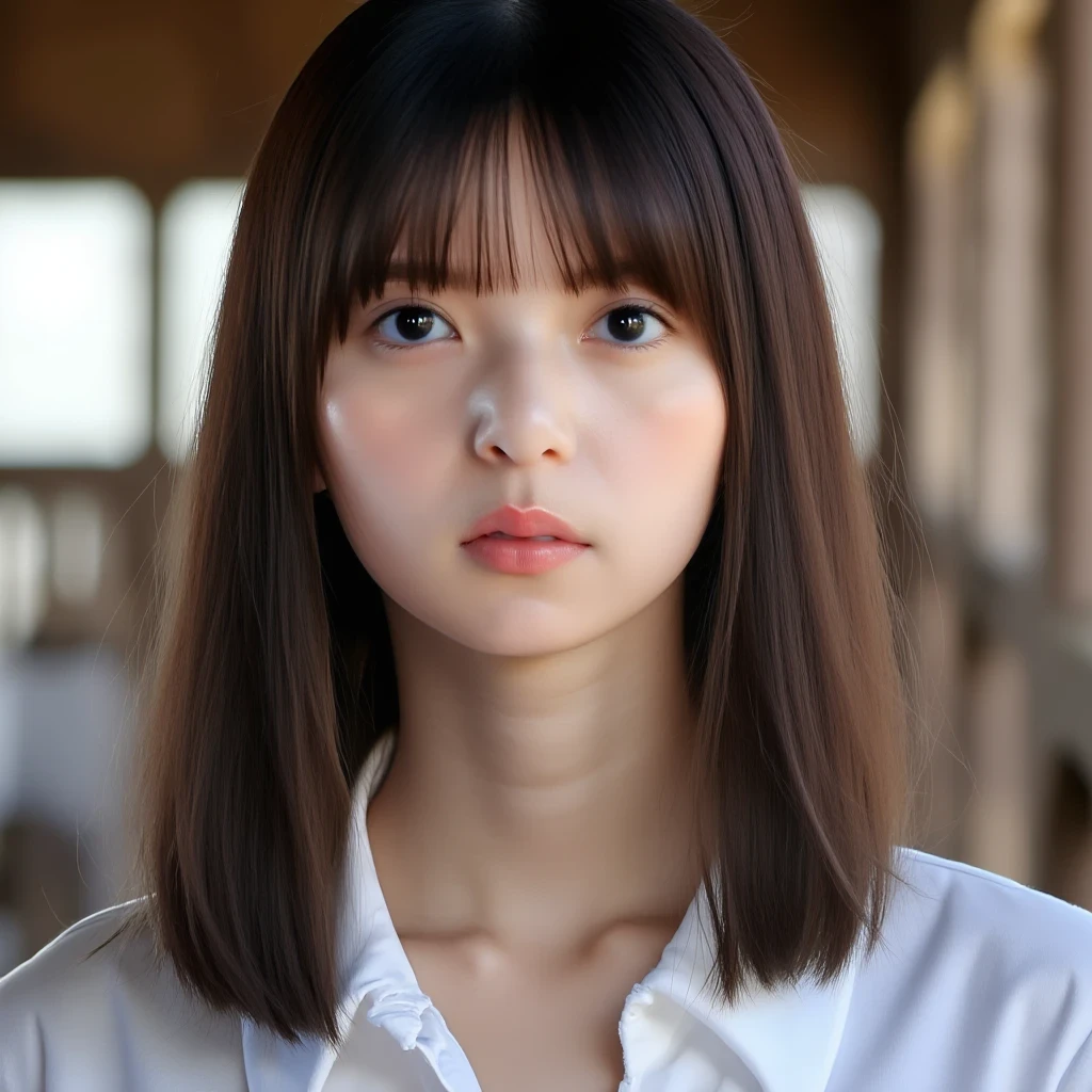 asuka. This image is a highly detailed close-up portrait of a fair-skinned young woman. Her hair is longer than shoulder-length, with bangs covering her forehead. She is wearing a white dress shirt and gazes directly at the camera (me) with a neutral expression. The background is blurred, keeping the focus on her face. The overall atmosphere is calm. The lighting is natural and soft, with warm tones.