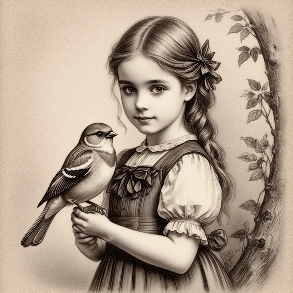 A young girl holding a bird.

vntgdrwngCE_style