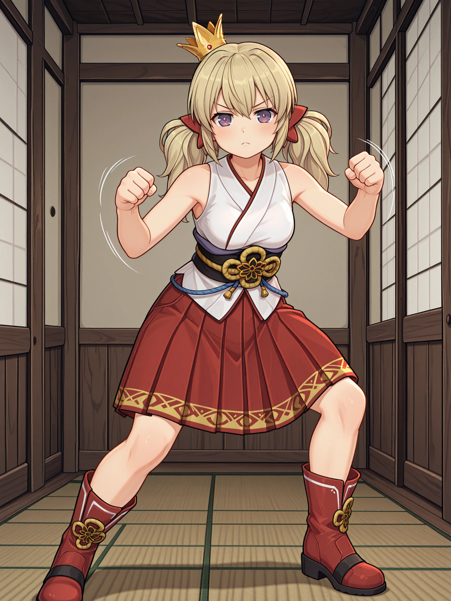 masterpiece, best quality, amazing quality, anime screenshot, high contrast, frostbite
(solo:1.4), Kafuru_IL, purple eyes, blonde hair, twintails, mini crown, small breasts, Kafuru_Shrine, red bows, shrine clothes, japanese clothes, miko clothes, white kimono up, bare shoulders, sleeveless, obi, sash, hakama skirt, red skirt, red shrine boots
action pose, indoors, fighting pose, spped lines, motion lines
<lora:SK_Kafuru_IL:1>
<lora:frostbitev2_Illu_dwnsty:0.7>
