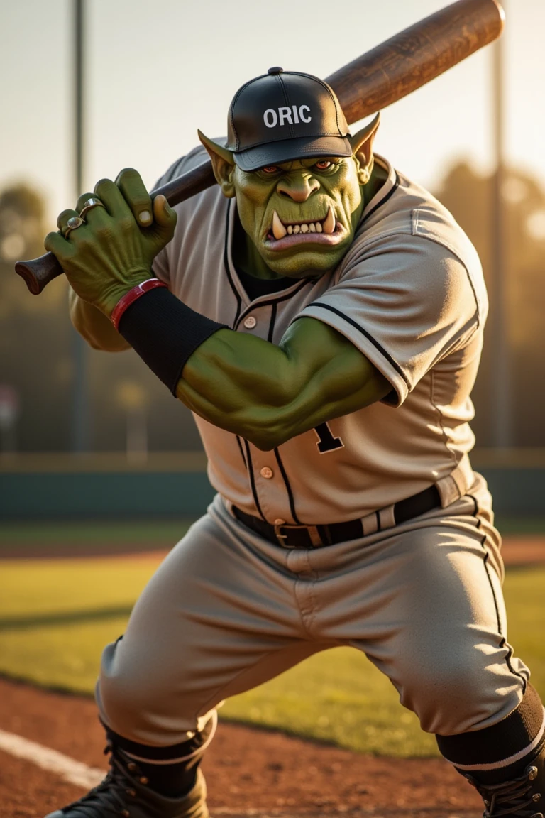 An orc wearing a baseball jersey and a cap that says orc, holding a bat with a slight grin, ready to hit a homerun in a baseball field. The shot is framed from a low angle, capturing the orc’s powerful stance and the tension in its muscles. Warm afternoon sunlight bathes the field, casting long shadows and highlighting the orc’s determination and the anticipation of the swing.
