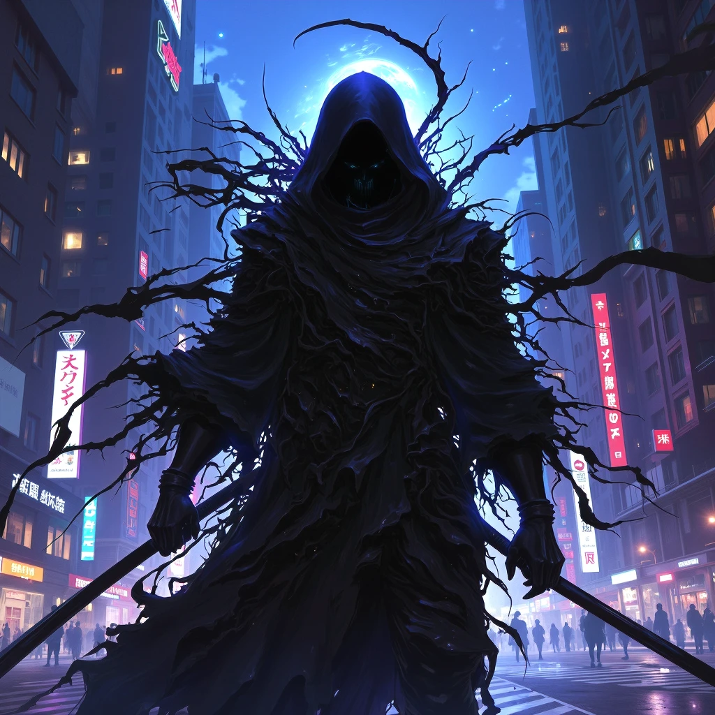 digart Surreal sci-fi digital art style, The image is a digital illustration of a person in a futuristic city at night. The person is wearing a black cloak and is holding a sword in their right hand. The cloak is made up of multiple strands of black fabric that are tangled and tangled together, creating a chaotic and chaotic appearance. The background is filled with neon lights and buildings, giving the impression of a cityscape. The overall mood of the image is dark and ominous, (artstation:1.3)