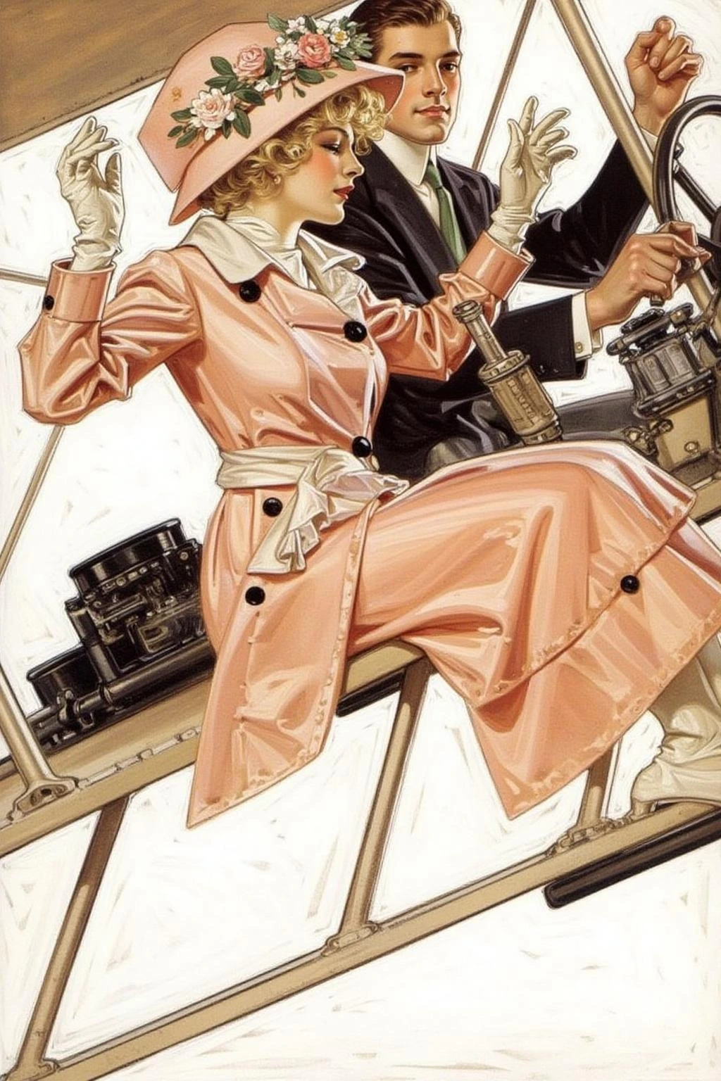 jcleyen1 painting.
A romantic scene of a couple on a vintage biplane. The woman, in the foreground, is a stylish woman with curly blonde hair adorned with a flower garland and wearing a light, flowing, peach-colored dress with a wide belt, a matching hat, and gloves. The man is piloting the biplane with his hands firmly on the steering wheel. <lora:jcleyen1_cap_d6a3e11:1.0><lora:824041599743881238:0>