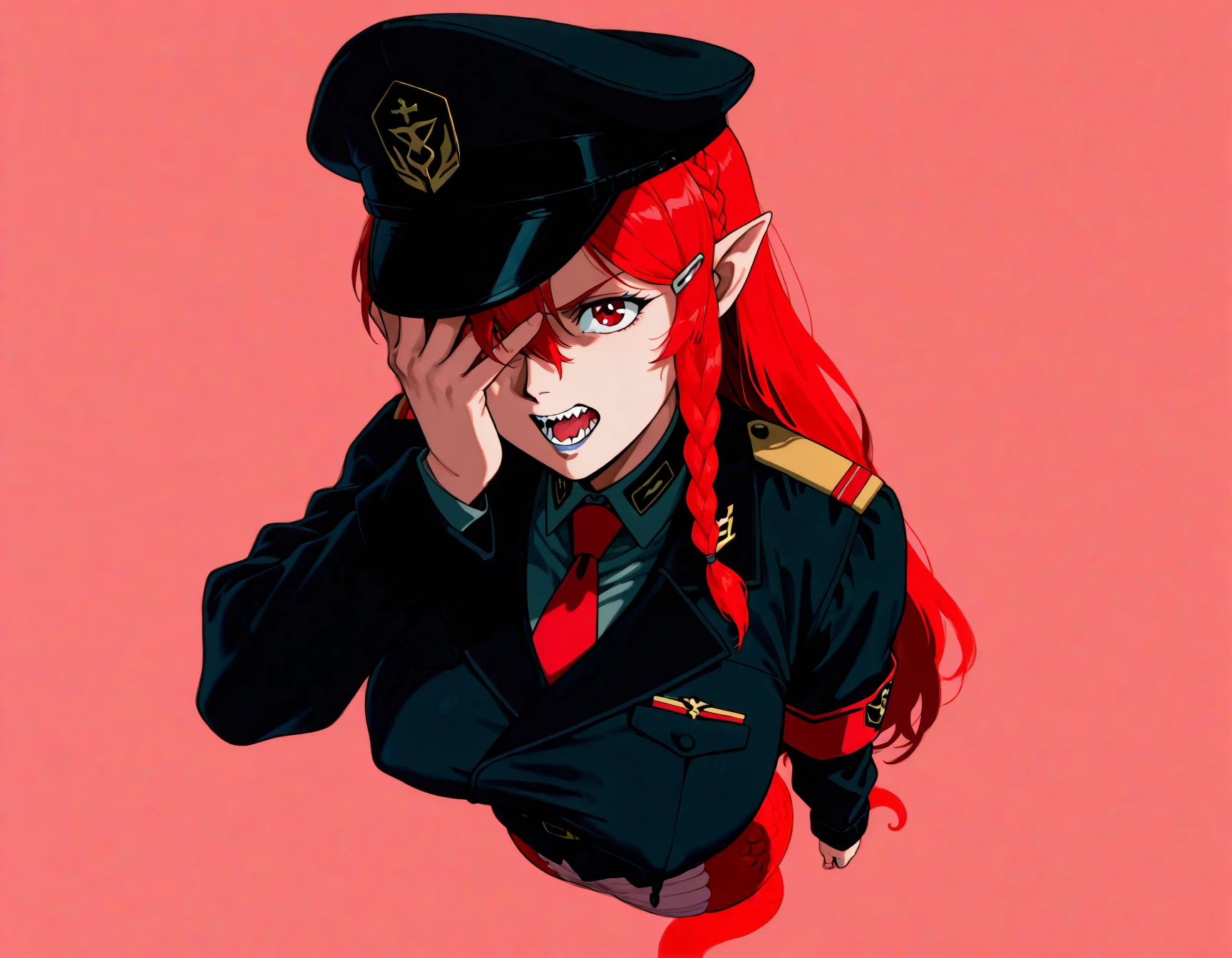 closeup, headshot, upper_body, covered_nipples, simple_background, white_background, , 1girl, 1girl, 1girl,
solo, red eyes, red hair, long hair, braid, crown braid, sidelocks, hair ornament, large breasts, lamia, harpy, centaur, scylla, mermaid, arachne solo, squidlegs, tentacles, monster girl, tentacle hair, pointy ears, sharp teeth, eldritch abomination, menacing, flappy sleeves, long sleeves, loose sleeves, military hat, military jacket, breasts, tentacle grab, feathered wing, simple background, jacket, wings, black necktie, white background, necktie, taur, hairclip, hair between eyes, teeth, hat, uniform, military uniform, feather, military, detached sleeve, black sleeve cuffs, black headwear, very long hair, open mouth, from afar, full body, shocker /, (gesture/:1.1), facepalm,
, , arm at side, High Angle (from behind:1.1) view Extreme Close shot (focus on waist:1.1), panorama. Her eyes are half-closed and she looks at the viewer with a terrified expression. She has a black hat with a gold emblem on her head and a red necktie around her neck. The background is white and there are pink tentacles surrounding the girl's body., retro_artstyle, 1990s_\(style\), android, grey lips, foreshortening, r3d, 1girl, solo, red theme, retroanimu,, embedding:IllusP0s, masterpiece, best quality, amazing quality, very aesthetic, absurdres, newest, <lora:retroanimu-000005:1.0>