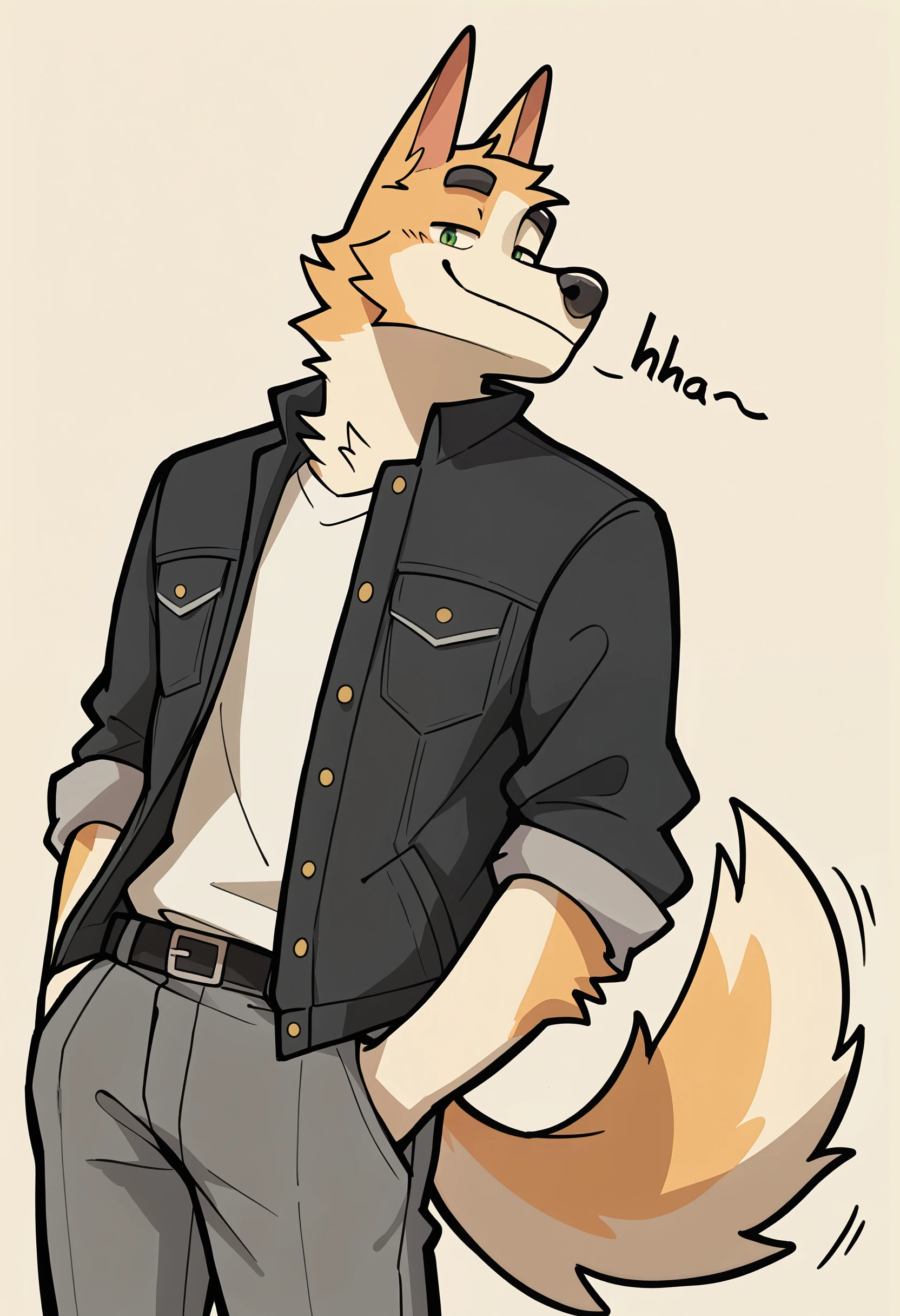 depth of field, detailed background, eye reflections, reflections,   dutch angle, anthro, adult, furry, no humans, tail, sound effect,   flirty expression, seductive glance, sound effect, motion lines,   by gr3yyy, <lora:Greyyy_Artist_Style_Illustrious:1.0>,   masterpiece, best quality, amazing quality, very aesthetic, absurdres, newest,  1boy, male focus, furry, furry male, solo, shirt, animal ears, tail, dog boy, hands in pockets, pants, simple background, looking at viewer, green eyes, belt, open clothes, grey pants, dog tail, white shirt, cowboy shot, sleeves rolled up, yellow background, dog ears, sketch, jacket