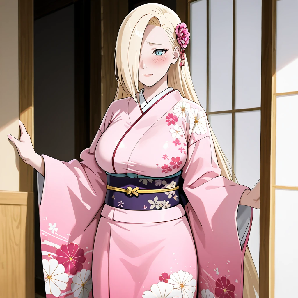 <lora:Ino_illustrious_v1:1> InoLongHairShipuuden, 1girl, blonde hair, hair over one eye, large breasts, blue eyes, cowboy shot,, japanese clothes, kimono, hair ornament, blush, hair flower, pink kimono, sash, obi, floral print, wide sleeves